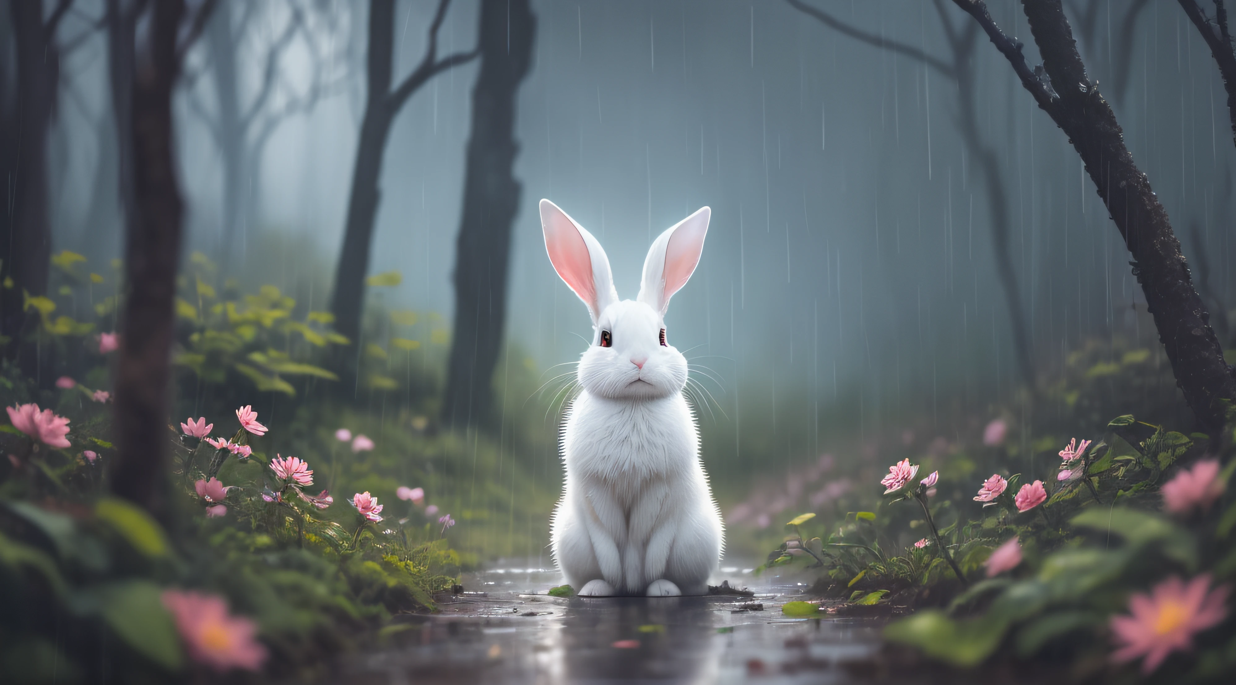 (Rained),rained,Close-up photo of a white rabbit in the Enchanted Forest,deep in the night,In the forest,Contre-Jour,glowworm,volume fog,Halo,blooms,Dramatic atmosphere,at centre,the rule of thirds,200 mm 1.4F macro shooting