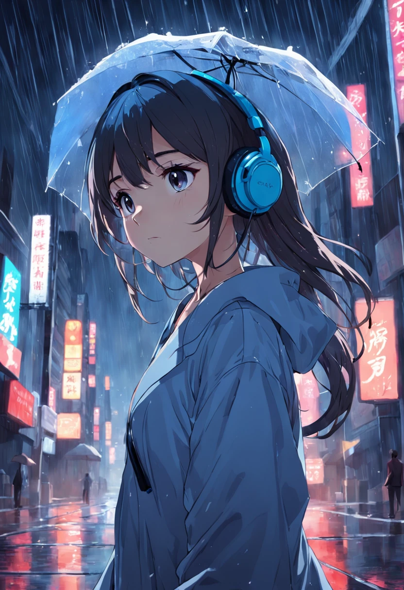 Girl scutando mu ́sica with a headset, quarto escuro, chuva na janela. wallpaper