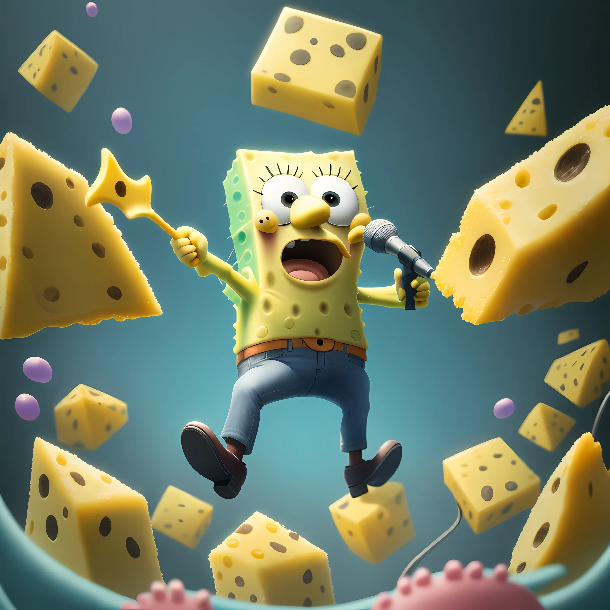 A SpongeBob SquarePants holds a microphone and sings loudly with its mouth open