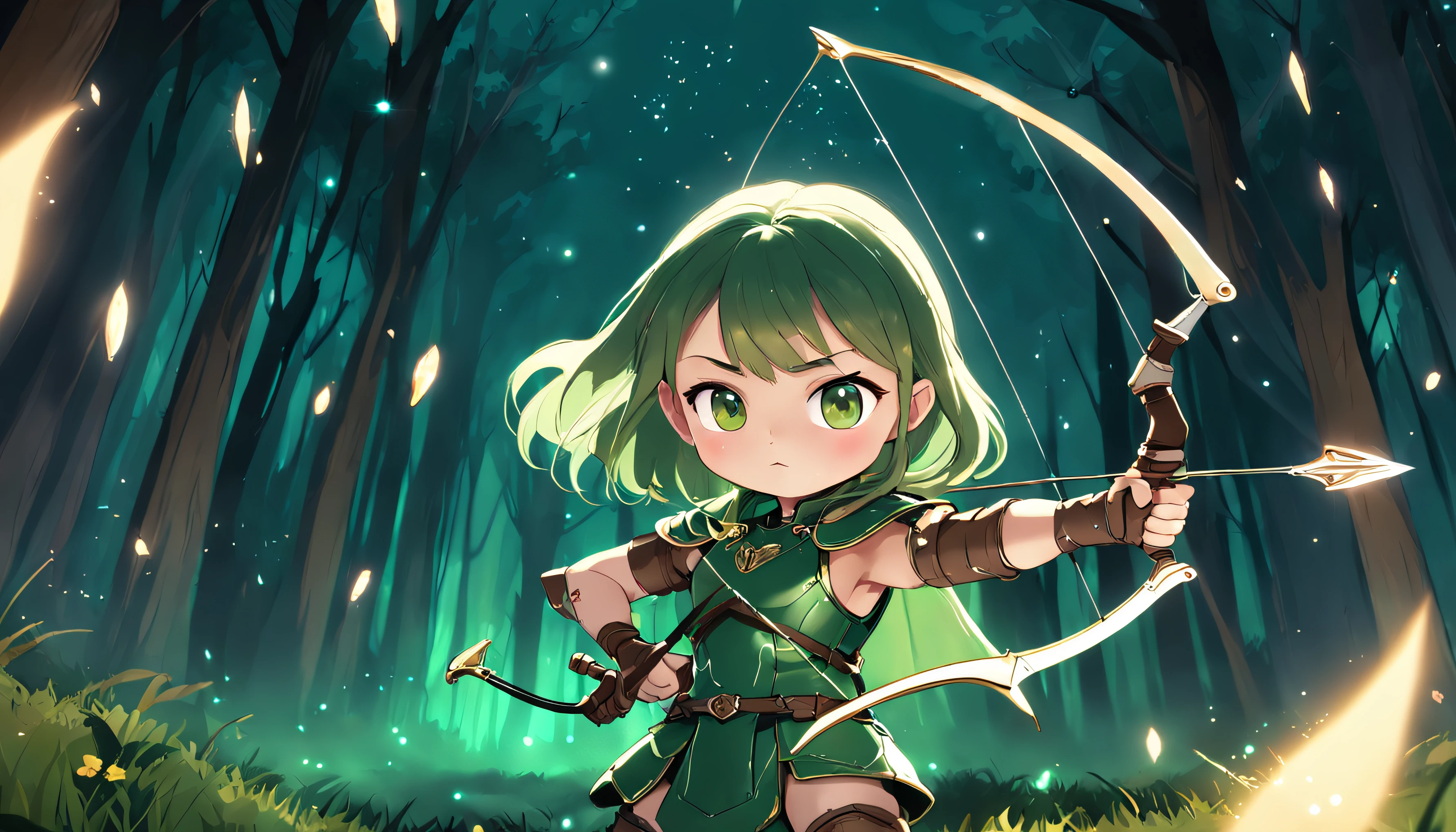 Cartoony,Chubby little girl in green light leather armor,archer,With a crossbow and arrow,Glowing fireflies around,,Cute and cute,KIDS ILLUSTRATION,Glow effects,Dingdall effect,depth of fields,high light,Real light,Ray traching,oc rendered,Hyper-realistic,best qualtiy,8K,Works of masters,super-fine,Detailed pubic hair,Correct anatomy,sharp focus on eyes,The facial structure is reasonable,Facial features are carefully depicted