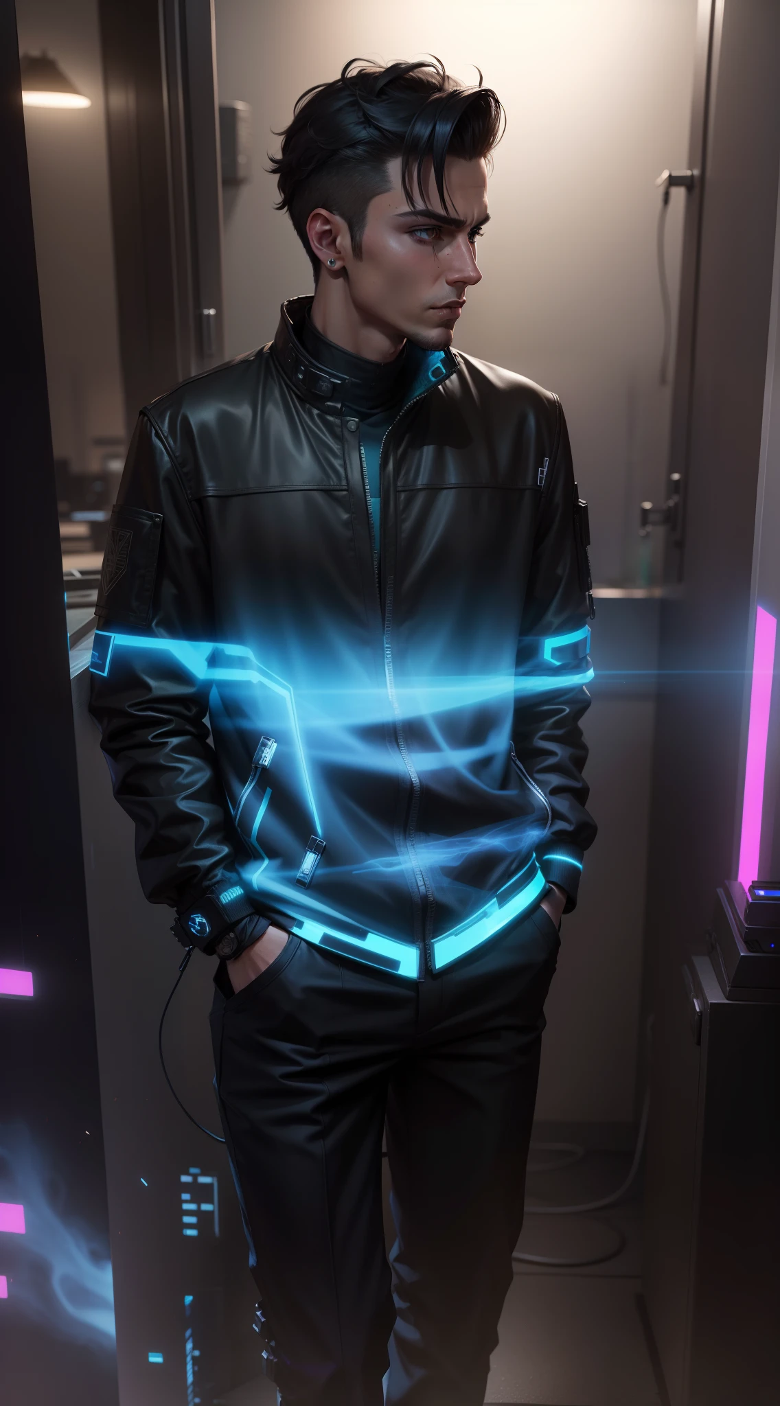 Change background cyberpunk handsome boy, realistic face, 8k, ultra realistic,Change clothes into black suite