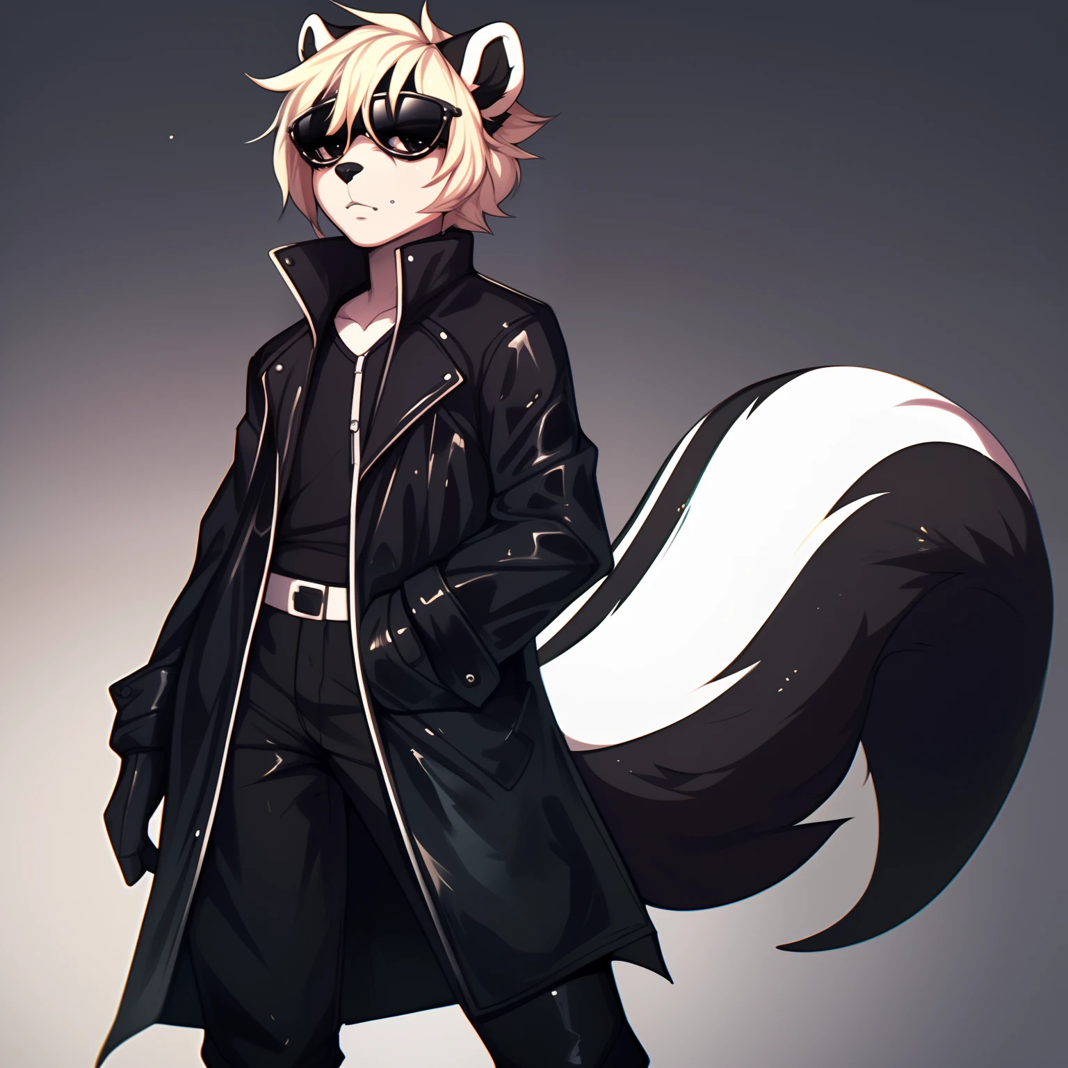 Solo, (By hyattlen, by fumiko, by claweddrip:1.3) a cute anthro furry black and white skunk boy, simple black eyes, femboy, twink, short straightened emo hair, (two_toned_black_and_blonde_hair:1.1) wearing long black trench coat, black zip up shirt, black leather pants, black riding boots, snakeskin texture on clothes, black sunglasses, standing, looking away, (jitome:1.2), (skunk tail:1.2) cute snout, black fluffy ears, snake bites piercing on lips, (black tentacles coming out of coat sleeves):1.2, lip piercing, black leather gloves