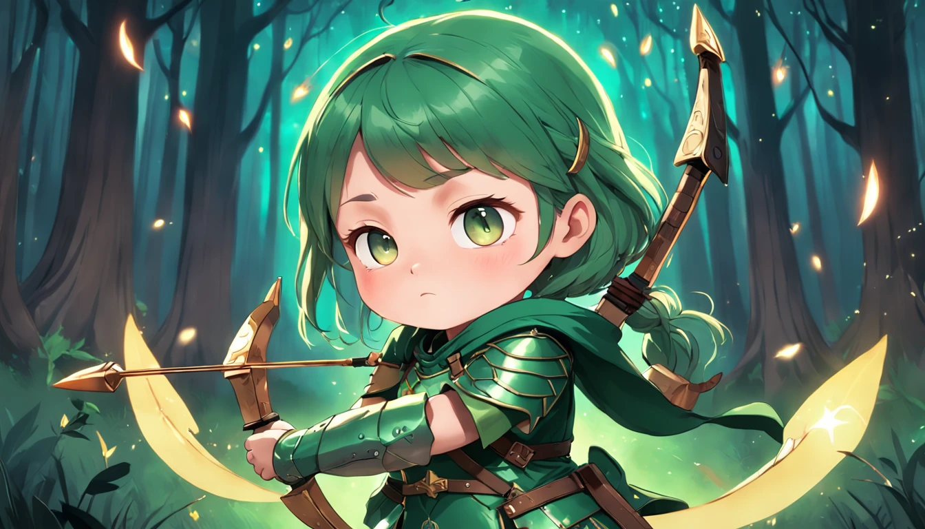 Cartoony,Chubby girl in green light leather armor,archer,With crossbows and arrows,Glowing fireflies around,,Cute and cute,KIDS ILLUSTRATION,Glow effects,Dingdall effect,depth of fields,high light,Real light,Ray traching,oc rendered,Hyper-realistic,best qualtiy,8K,Works of masters,super-fine,Detailed pubic hair,Correct anatomy,sharp focus on eyes,The facial structure is reasonable,Facial features are carefully depicted