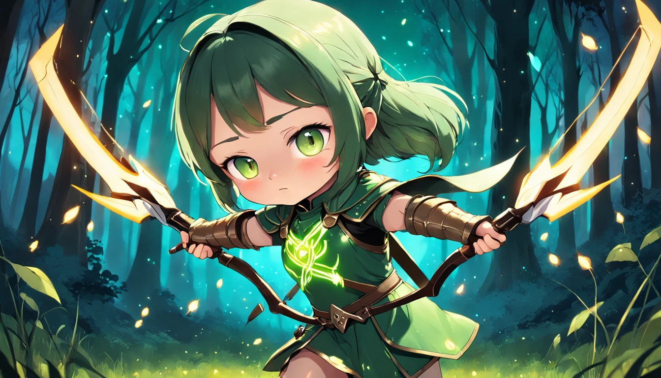 Cartoony,Chubby girl in green light leather armor,archer,With crossbows and arrows,Glowing fireflies around,,Cute and cute,KIDS ILLUSTRATION,Glow effects,Dingdall effect,depth of fields,high light,Real light,Ray traching,oc rendered,Hyper-realistic,best qualtiy,8K,Works of masters,super-fine,Detailed pubic hair,Correct anatomy,sharp focus on eyes,The facial structure is reasonable,Facial features are carefully depicted