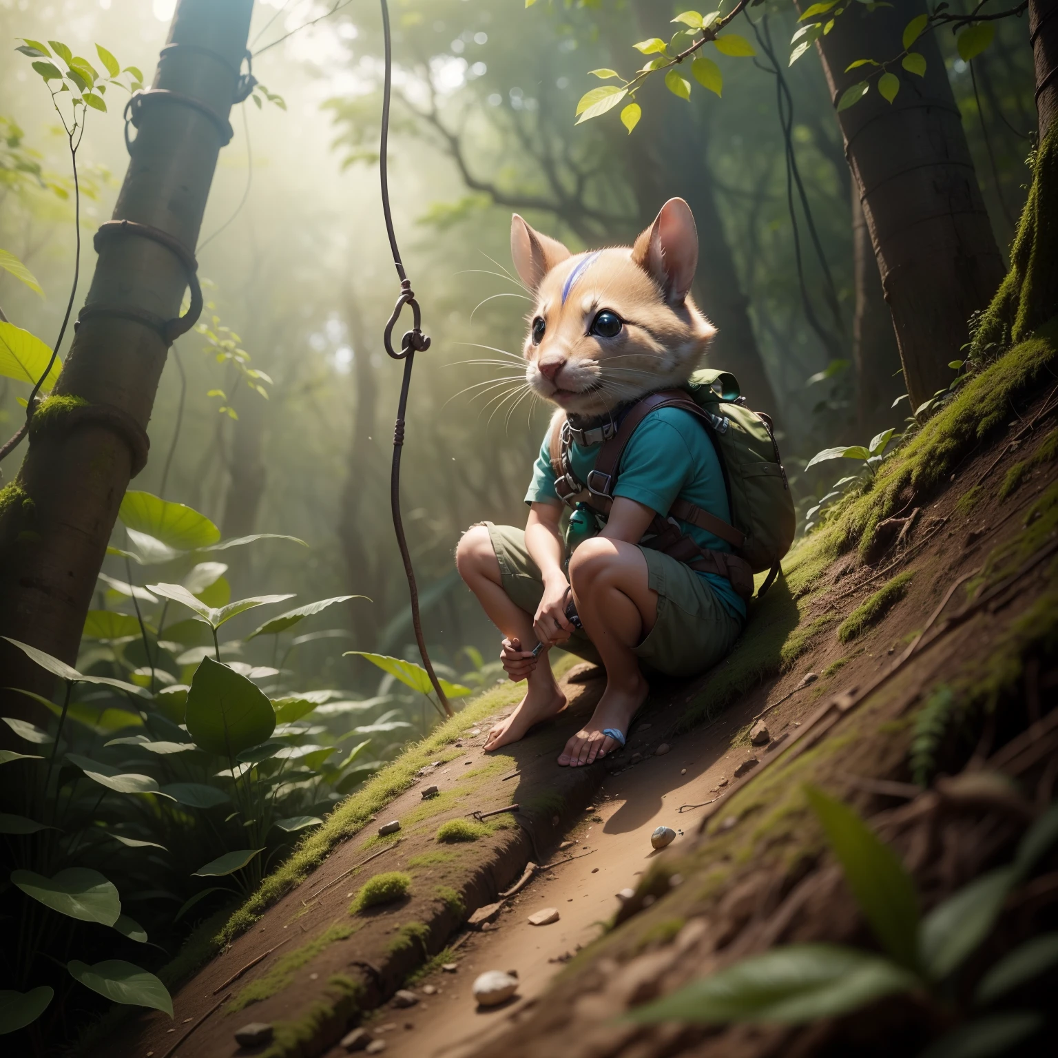Crie uma imagem de um ratinho aventureiro na floresta