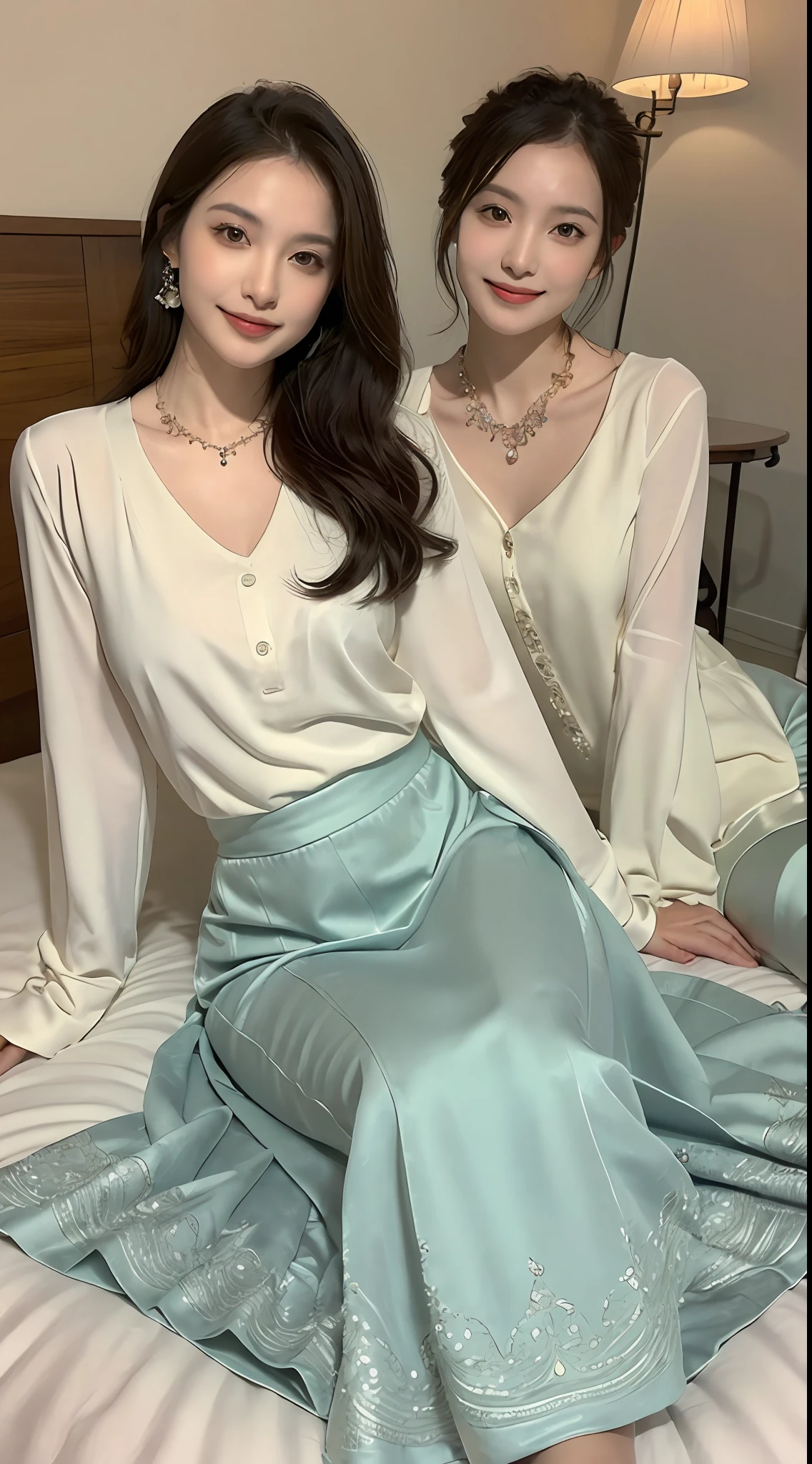 ((top-quality、8K、masterpiece:1.3))、((1womanl))、((独奏))、((japanese mature))、((slim figure))、((Luxurious and detailed hotel rooms))、((Luxurious and detailed beds))、((Lying in bed))、((beautifully detailed hair))、((Beautiful and ultra-detailed face))、((kindly smile))、((Detailed blouse))、((Detailed necklace))、((Detailed long skirt))、((Flip up the hem of your long skirt to show your thighs))、((Beautiful and detailed thighs))、((Beautiful and detailed legs))