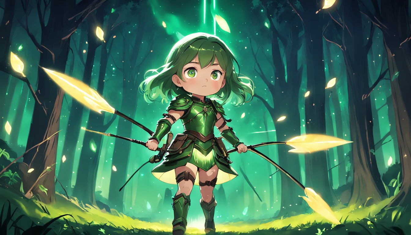 Cartoony,Chubby girl in green light leather armor,archer,With crossbows and arrows,Glowing fireflies around,,Cute and cute,KIDS ILLUSTRATION,Glow effects,Dingdall effect,depth of fields,high light,Real light,Ray traching,oc rendered,Hyper-realistic,best qualtiy,8K,Works of masters,super-fine,Detailed pubic hair,Correct anatomy,sharp focus on eyes,The facial structure is reasonable,Facial features are carefully depicted