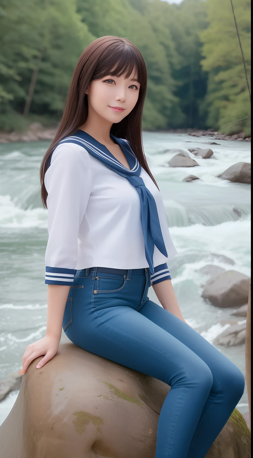 a pregirl，Thirty year old, ssmile, looking at viewert, sailor uniformm,skintight jeans, photore, realisticlying, Best quality at best, employee, 详细的脸, Sit on a large rock in the middle of the forest, There is a river