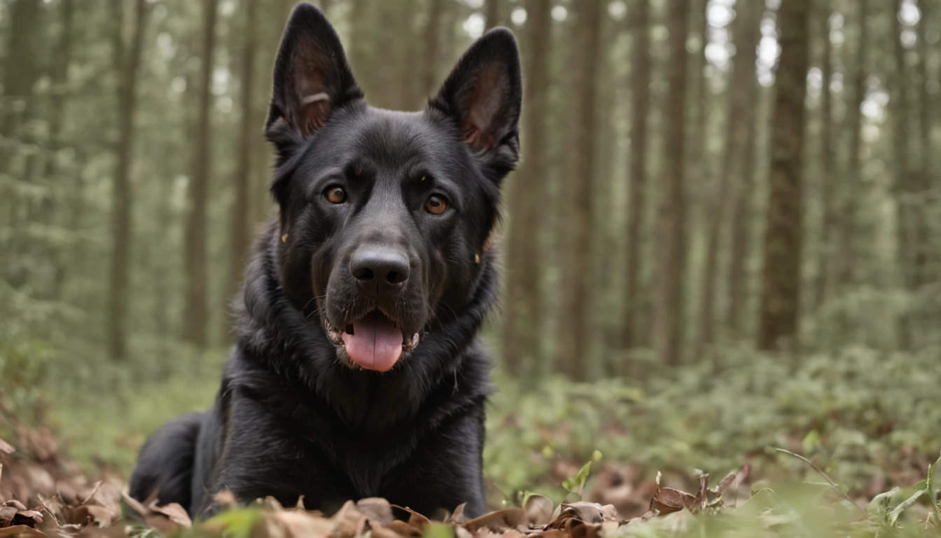 A black German shepherd and full-body tan, in front of a forest looking menacingly, in attack position, ultrarrealista, photographic, Very high resolution photo, 8k, cantos escurecidos, thick vegetation, growling at an opponent in front of him.