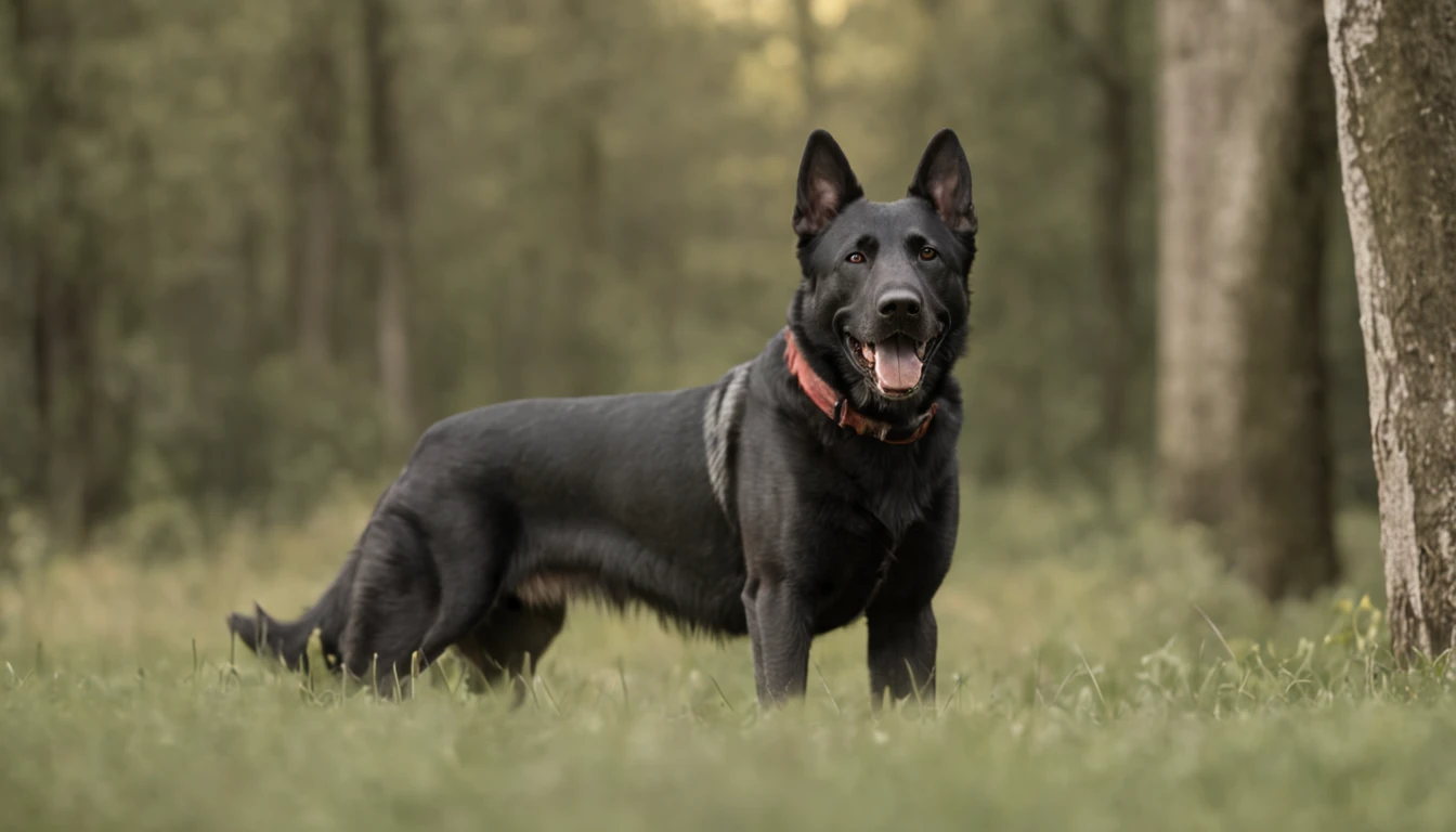 A black German shepherd and full-body tan, in front of a forest looking menacingly, in attack position, ultrarrealista, photographic, Very high resolution photo, 8k, cantos escurecidos, thick vegetation, growling at an opponent in front of him.