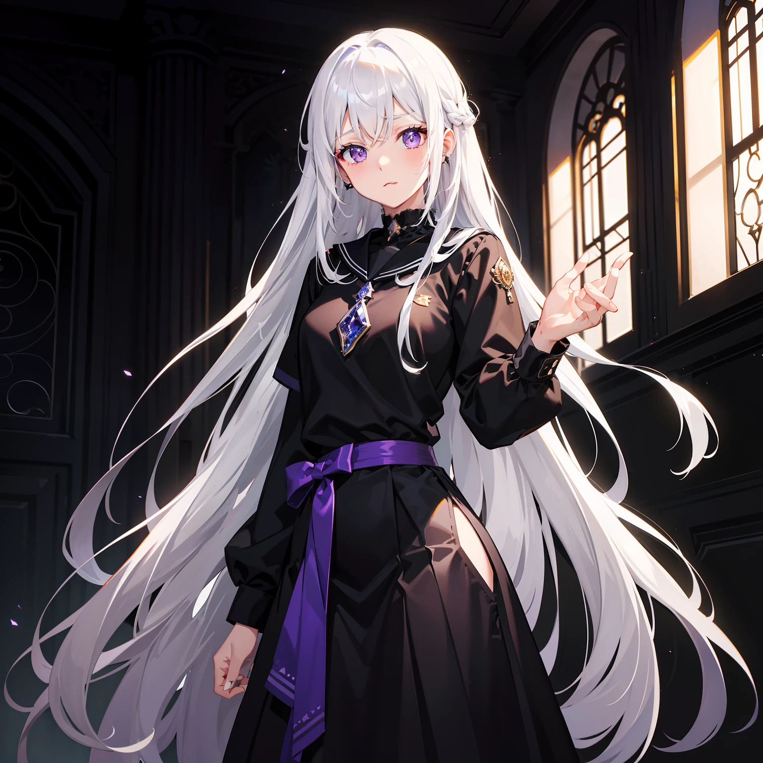 Long black hair that reaches the waist,Hair is scattered on the body,Crystal purple eyes,Light black school uniform,with hands behind her back,delicated,Good figure,White hair ornaments
,He wears a silver-white pendant on his left ear,Black emanated,Princess cut,Crystal purple eyes,black school uniform,Purple eye,delicated,The contrast between light and dark,expressiveless