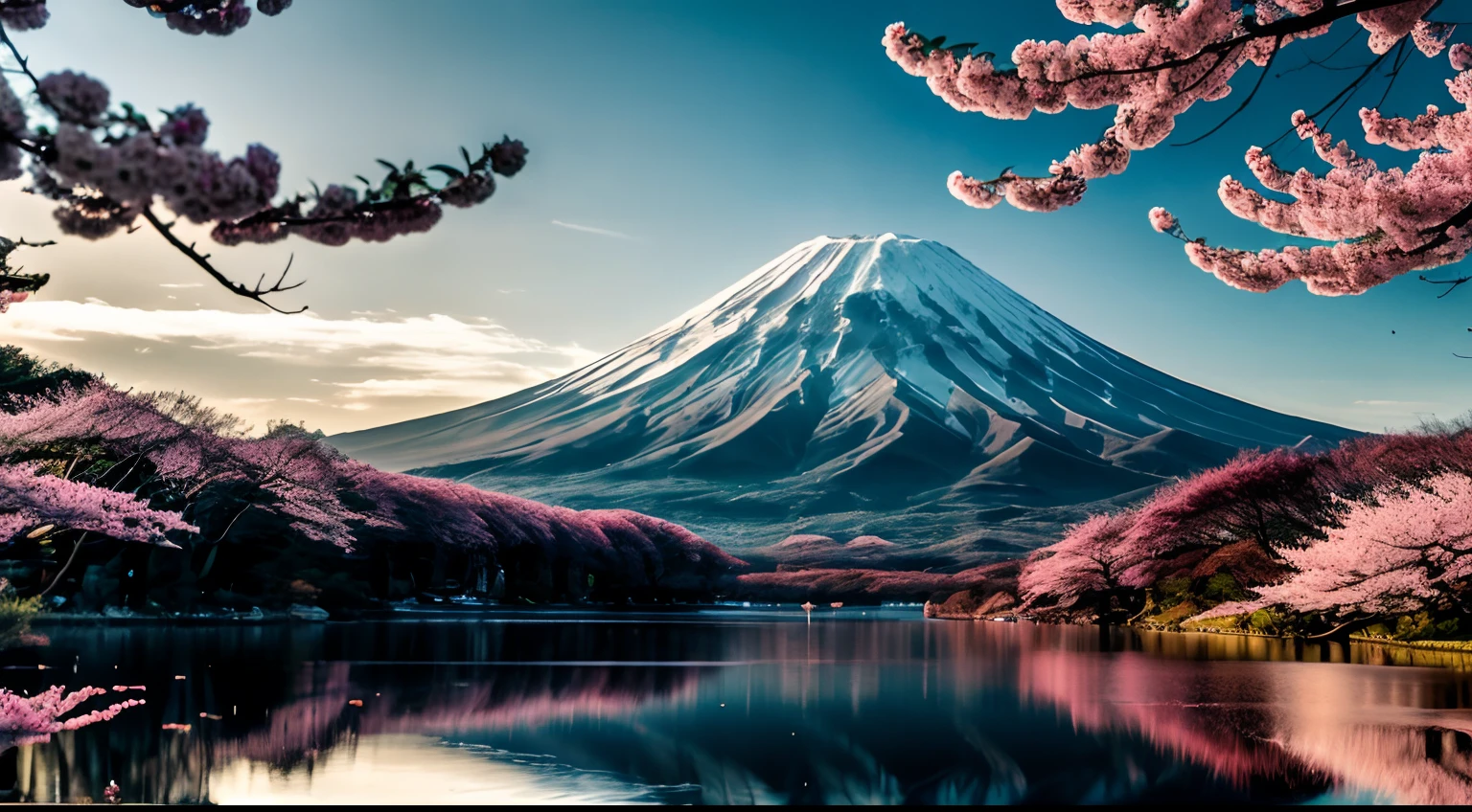 RAW photo of Mt. Fuji, delicately beautiful realistic, detail, photorealistic, ultra-realistic photo, 8k UHD, DSLR, dazzling spring mountain, high quality, film grain, fujifilm XT3, (masterpiece), majestic Mt. Daisen, Mt. Fuji reflected on the surface of the lake, cherry blossoms are beautiful, the morning sun overlaps,