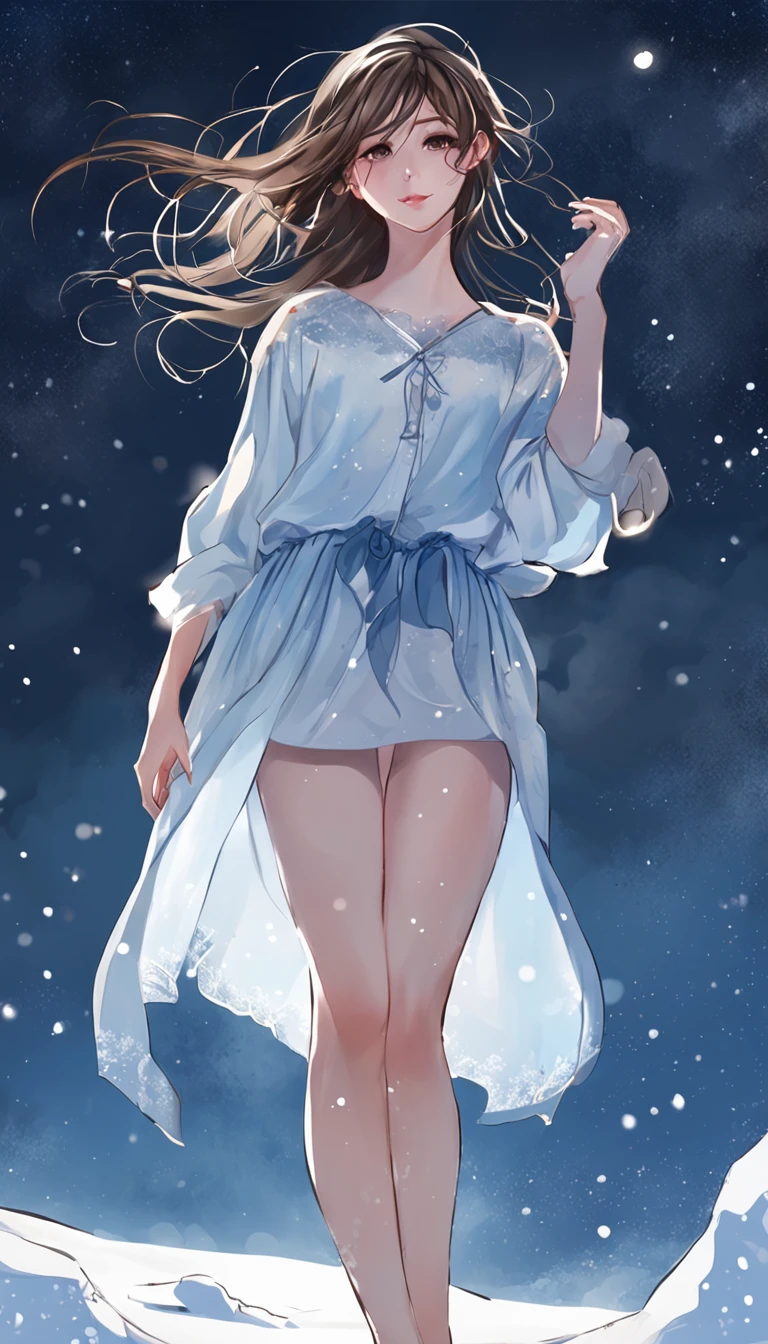 ((from below)), ((full body)), ((cross legged)), ((realistic)), Beautiful young girl, Delicate face, shyexpression, cabelos preto e longos, Beautiful hair accessories, Sexy goddess, Sexy legs, slender leg, cold light, the night, starrysky, at winter season, nevando, snowfield, (The shirt, cropped shoulders, Superskirt), (cyan colors, blue colors, white colors), amazing pose, Detailed scenes, Beautiful digital illustration, the detail，Hyper-detailed, (best qualtiy，tmasterpiece)