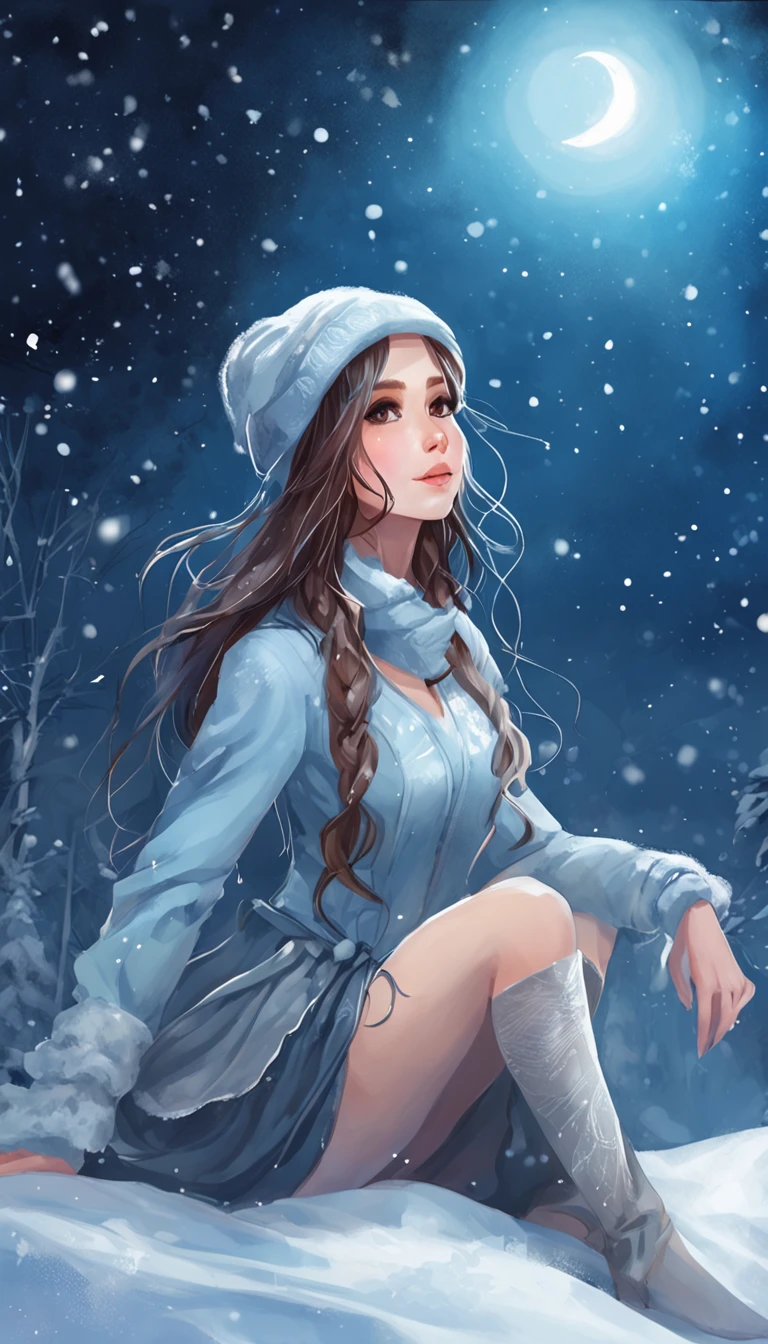 ((from below)), ((full body)), ((cross legged)), ((realistic)), Beautiful young girl, Delicate face, shyexpression, cabelos preto e longos, Beautiful hair accessories, Sexy goddess, Sexy legs, slender leg, cold light, the night, starrysky, at winter season, nevando, snowfield, (The shirt, cropped shoulders, Superskirt), (cyan colors, blue colors, white colors), amazing pose, Detailed scenes, Beautiful digital illustration, the detail,Hyper-detailed, (best qualtiy,tmasterpiece)