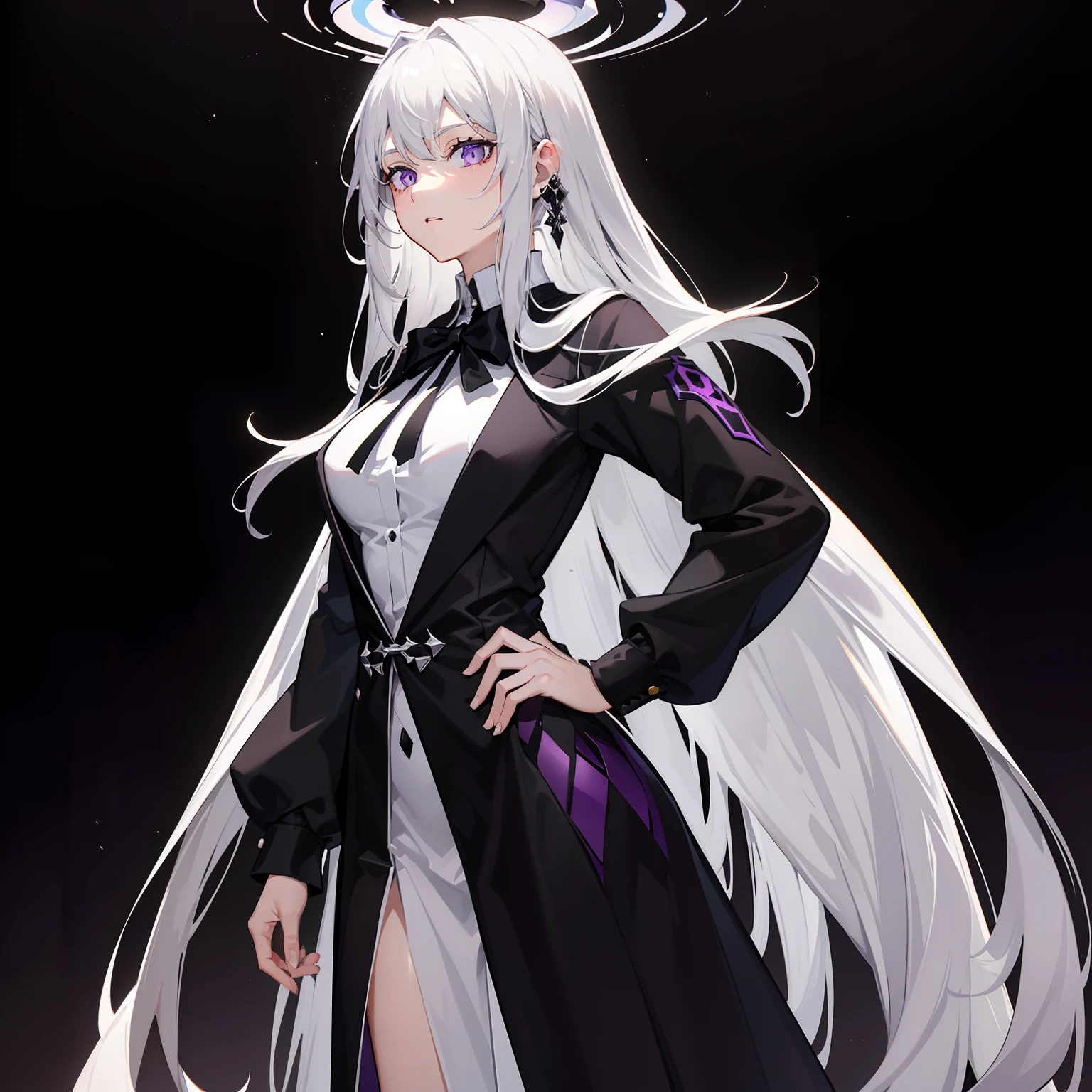 Long black hair that reaches the waist,Hair is scattered on the body,Crystal purple eyes,Light black school uniform,with hands behind her back,delicated,Good figure,White hair ornaments
,He wears a silver-white pendant on his left ear,Black emanated,Princess cut,Crystal purple eyes,black school uniform,Purple eye,delicated,The contrast between light and dark,expressiveless