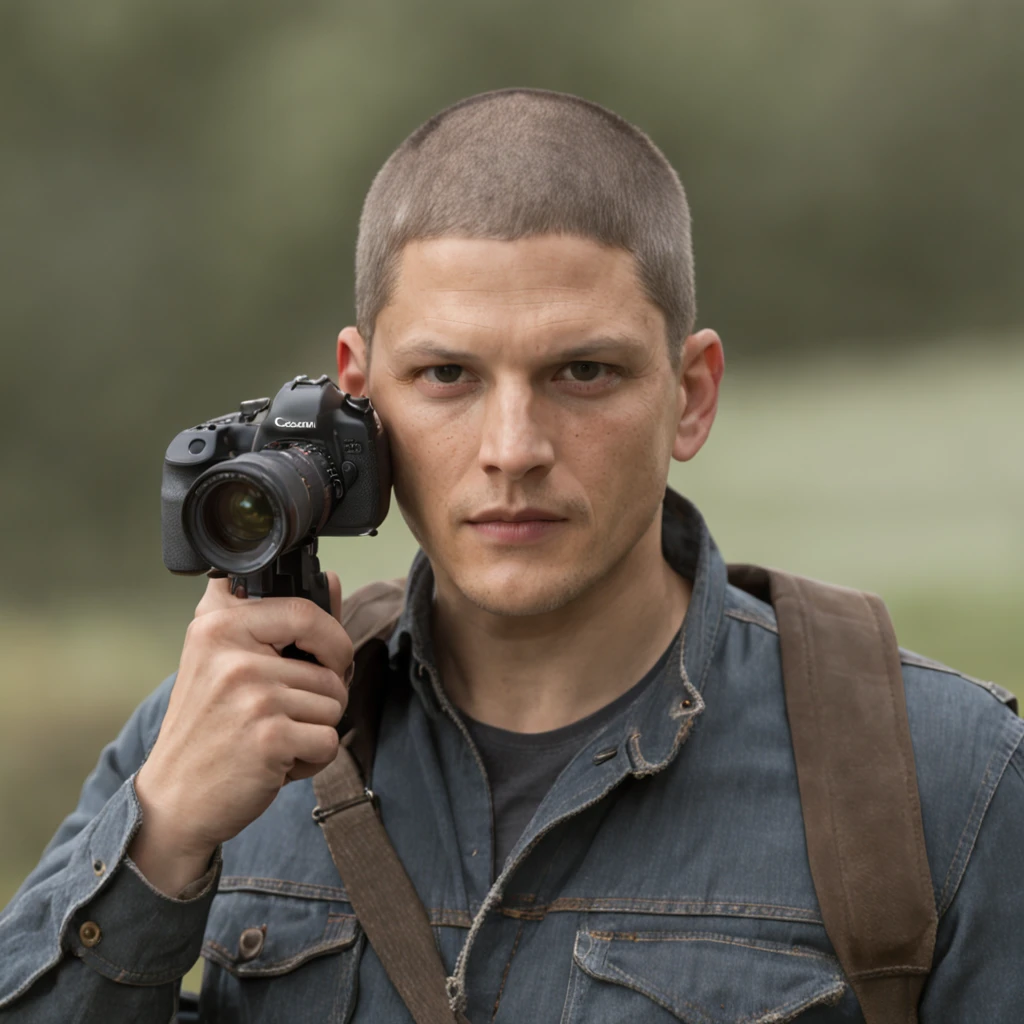 Actual image of Wentworth Miller with a smart face, in the field. Ultra real 16:9.