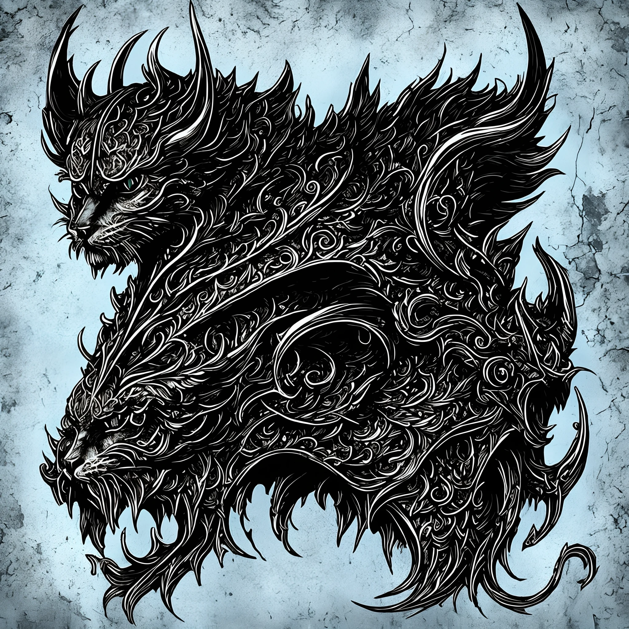 figure
There are six pairs behind one person,Symmetrical wings
and a black snake tail
The face is a cat's face,On the head grow a pair of devilishly curved horns
He wears black armor,The cracks in the armor were bluish blue flames