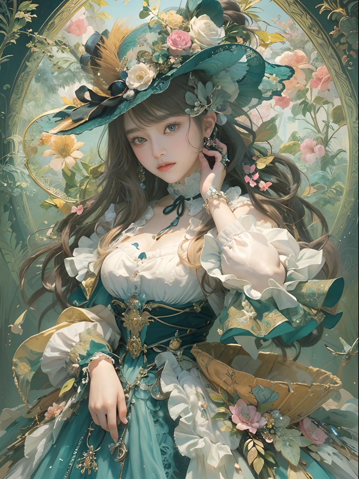 (​masterpiece、top-quality、top-quality、Detailed and complex、Official art、Beautifully Aesthetic:1.3)、(1girl in:1.3)、(Fractal Art:1.3)、colourfull、Vivid、Victorian costume