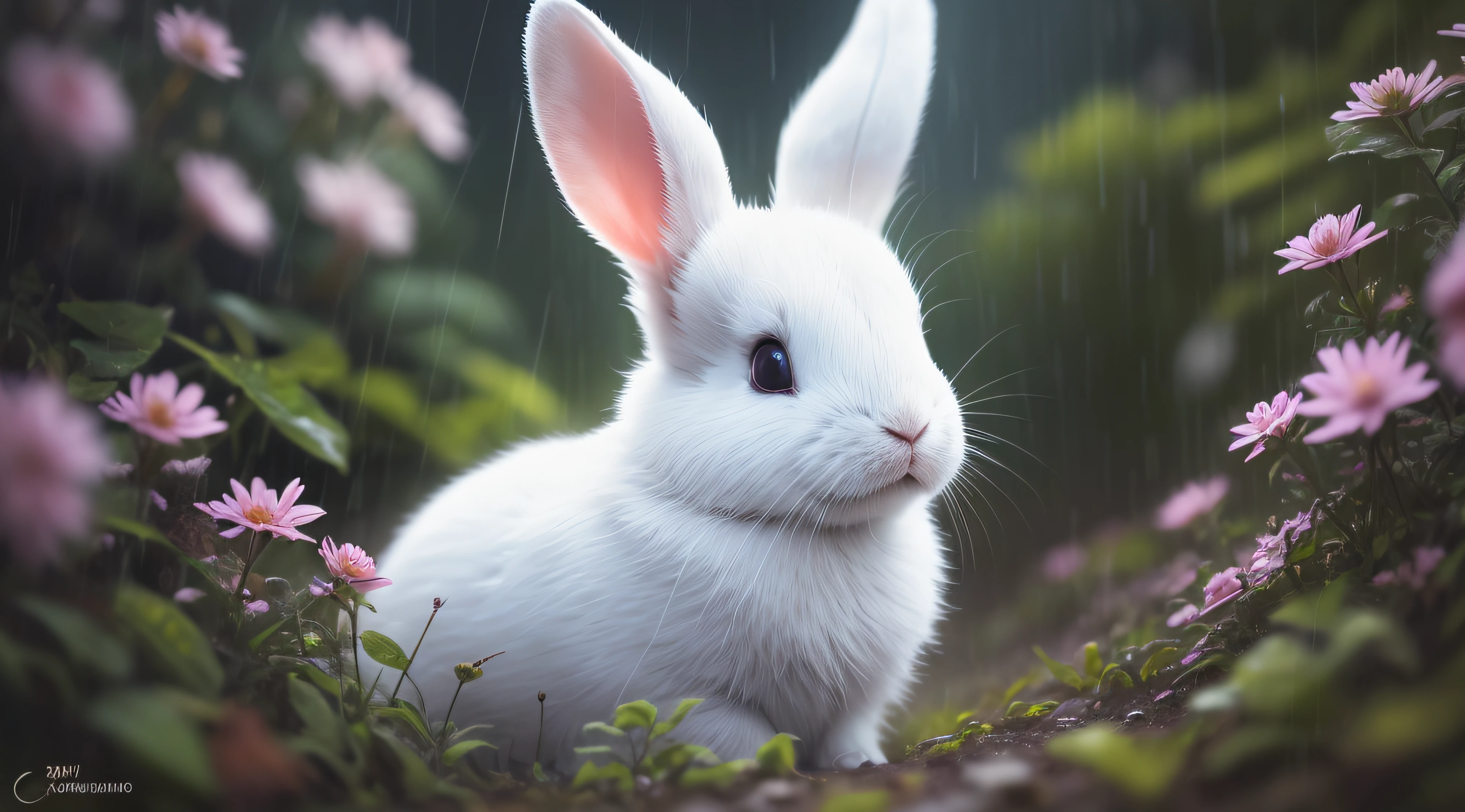 （Rained），rained，Close-up photo of a white rabbit in the Enchanted Forest，deep in the night，In the forest，Contre-Jour，glowworm，volume fog，Halo，blooms，Dramatic atmosphere，at centre，the rule of thirds，200 mm 1.4F macro shooting