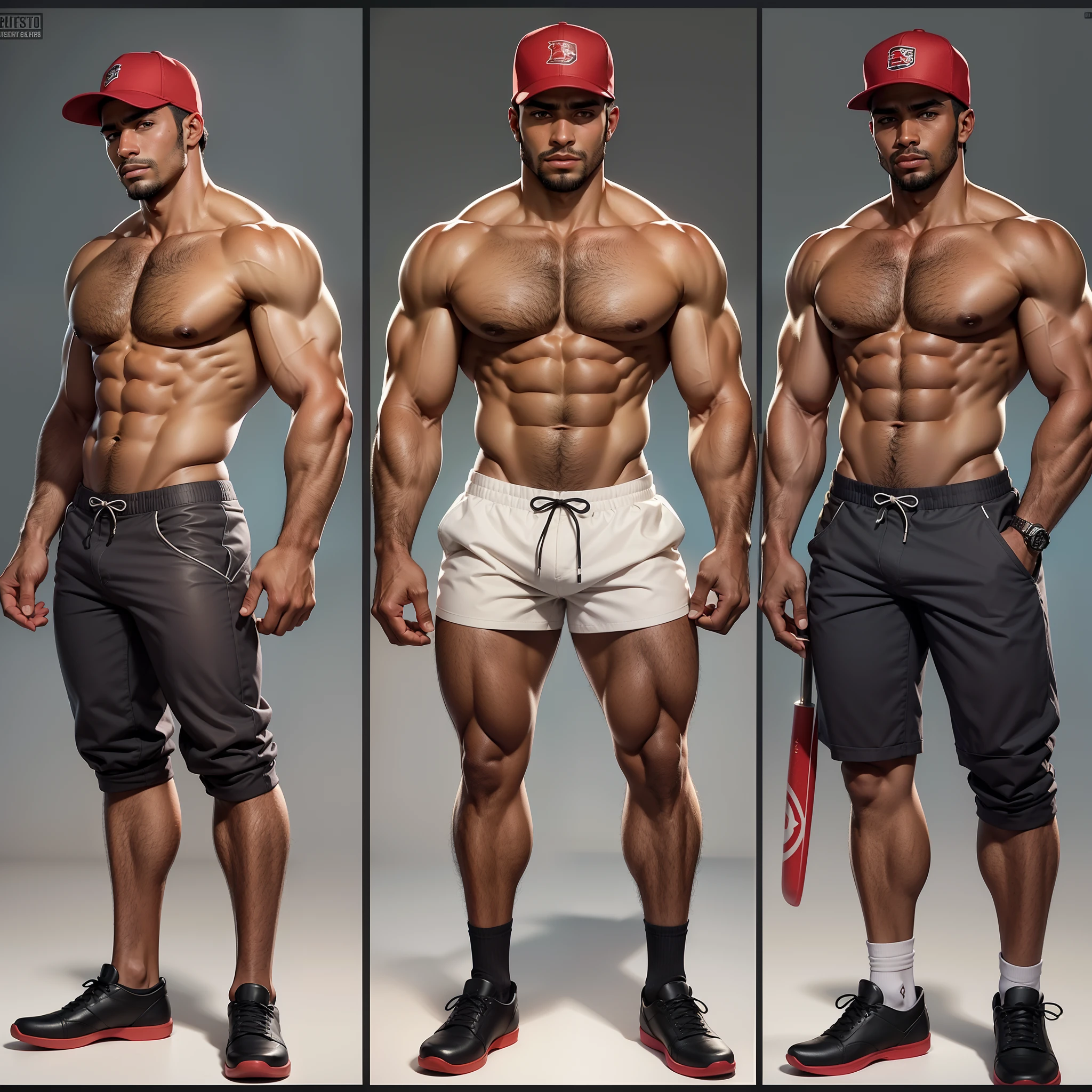 character sheets, African dark-skinned male,short detailed hair, musculature, Barra is stocky, Topless, Clear raised tong, red baseball cap, driver, High quality, Handsome, Gentle body hair, disheveled appearance, rugged, Different facial expressions, full bodyesbian, White socks