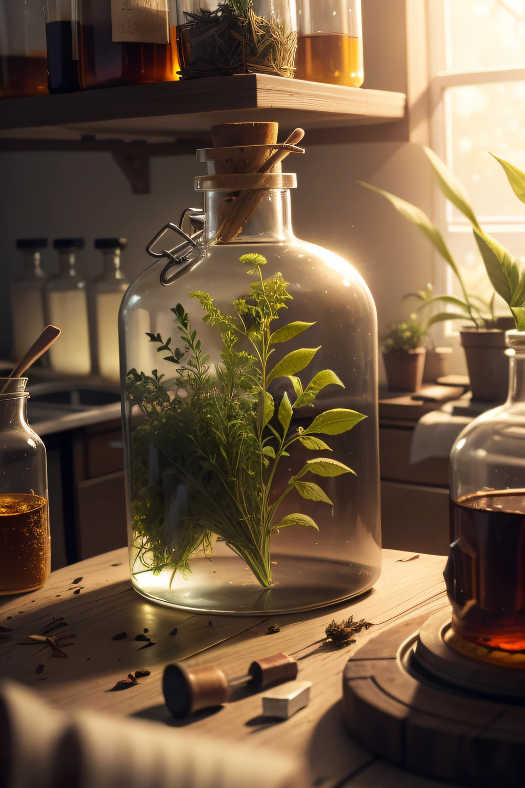 photoreal, 1girl, naked, standing inside herbarium bottle