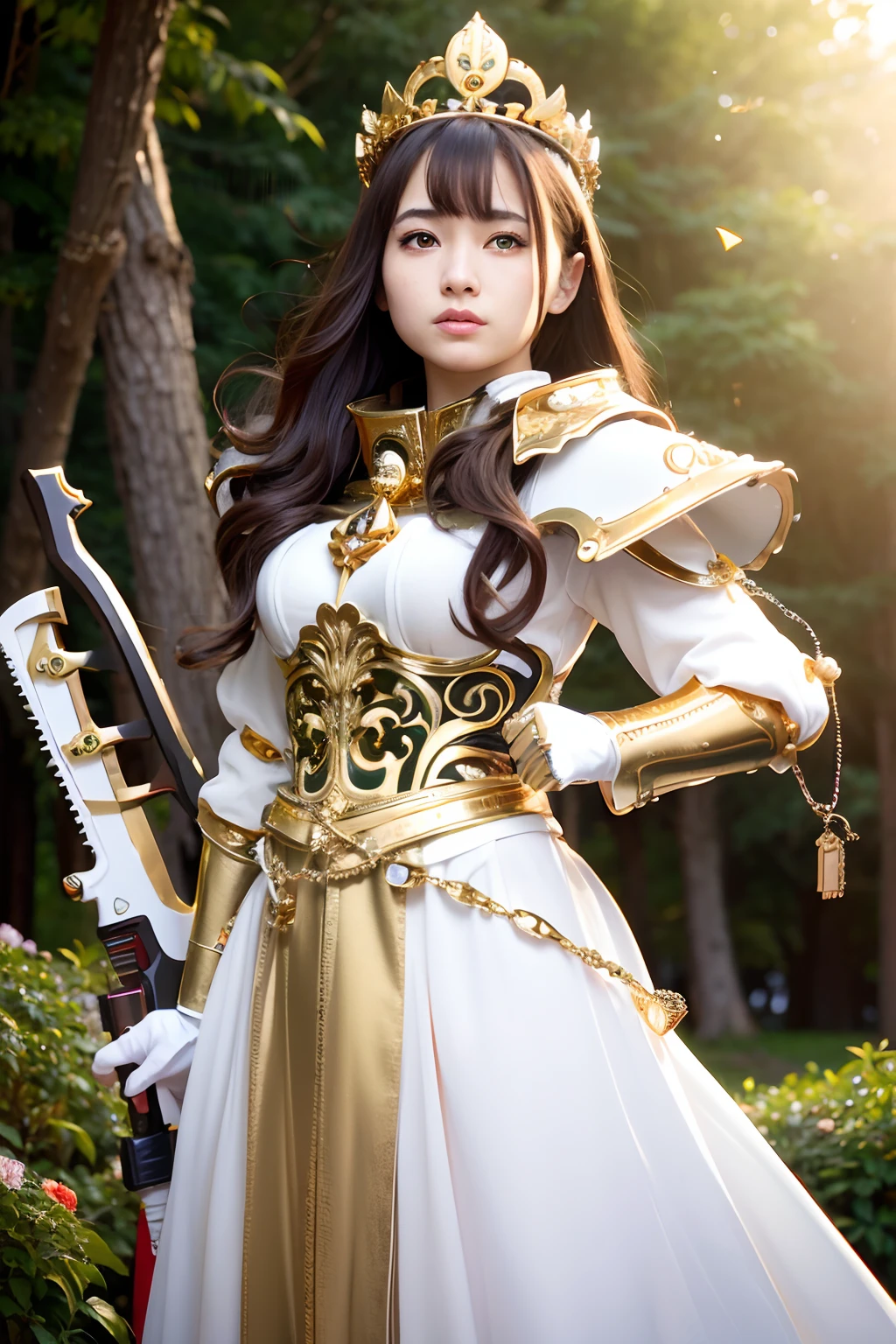 (masutepiece), Professional , ​masterpiece、top-quality、photos realistic , depth of fields （Gemstone Silver Metal Body:1.９),(Matte White、 Gold Weapon_（Metal:1.４),Gorgeous metal weapons , Detailed Sword of the Brave , Beautiful knife   ,warhammer 40k , adepta sororitas,Detail and ornate jewel crown、Brown hair、Gangle's forest background、Beautiful Caucasian beauty、１a person、dynamic ungle,(((Detailed and ornate diamond crown)))、Particles of light、