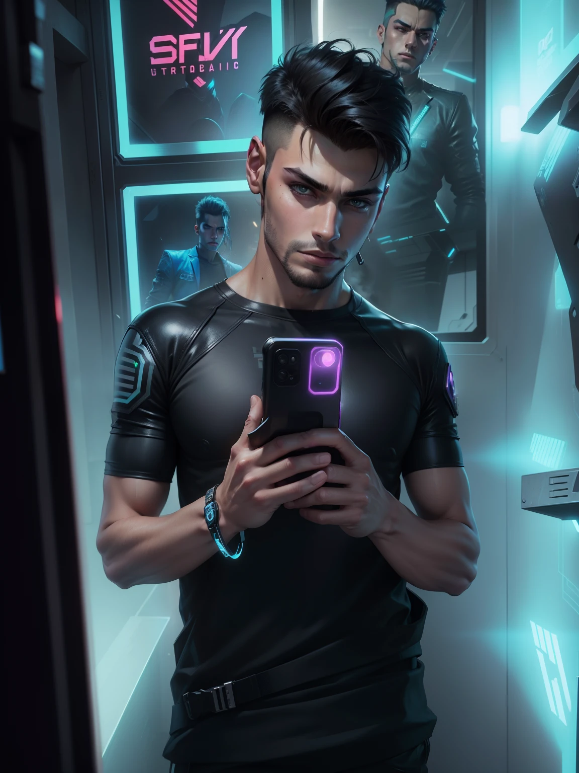 Change background cyberpunk handsome boy. realistic face ,SK, ultra realistic
