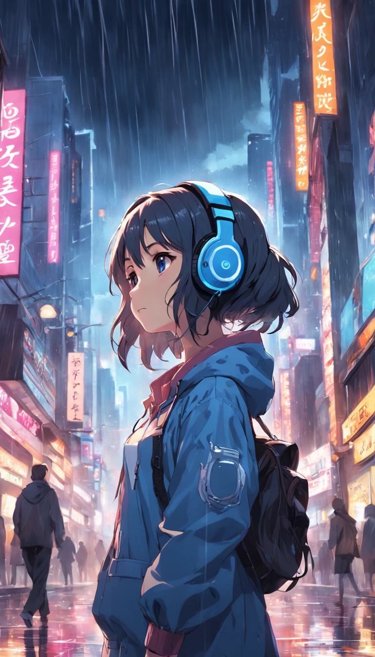 Girl listening to music with a headset,ela usa roupas americanas, chuva na janela. wallpaper