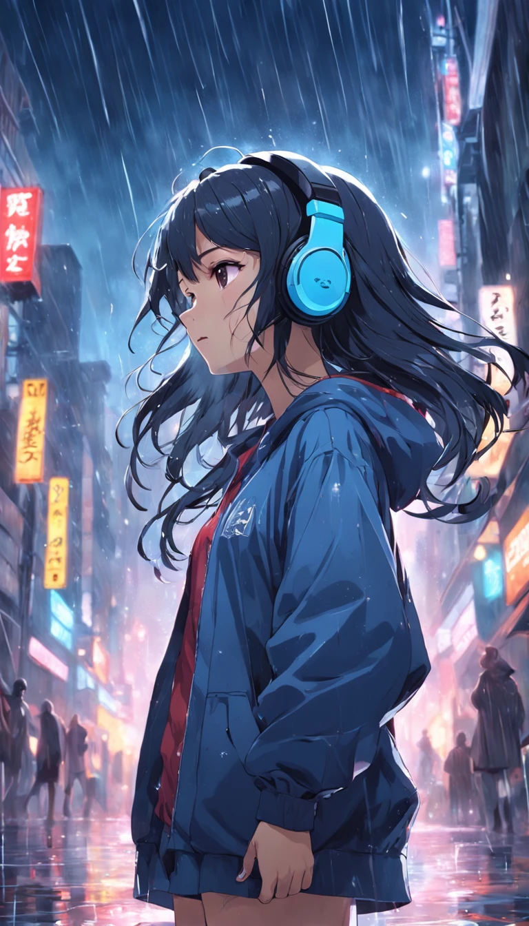 Girl listening to music with a headset,ela usa roupas americanas, chuva na janela. wallpaper