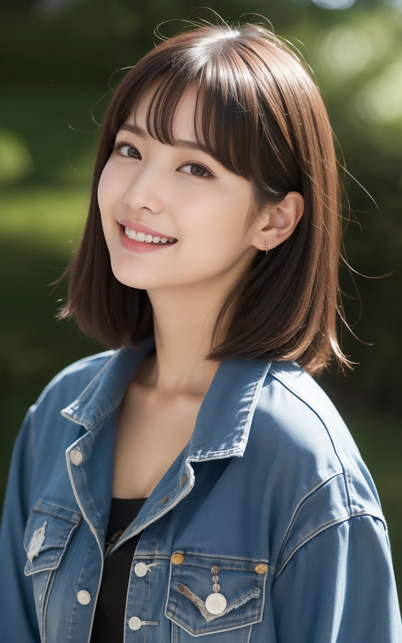 ((top-quality、8K、masterpiece:1.3、超A high resolution))、(Clear focus:1.4、The focus is on people:1.2)、A Japanese Lady、1 persons、年轻、kawaii、light skinned、The upper part of the body、From above、((dark brown hair))、a pixie cut、(Detailed fabrics、denim jackets:1.2)、Super fine face、Detailed skin、A detailed eye、Narrow-eyed、Moist eyes、Clear eyes、二重まぶた、Reddish cheeks、Burning cheeks、Wearing makeup、Sweating、Lustrous skin、glowy skin、Shine skin、Shaded skin、detailed lips、ruddy lips、Wrinkled lips、Laughing、Large breasts、looking in camera、(细致背景、Sporting Events:1.5)、natta、Natural lighting、Pose visible on the side、wakame、wakame、wakame、wakame、wakame、wakame、wakame、wakame、wakame、wakame、wakame、wakame、wakame、wakame、wakame、wakame、wakame、wakame、wakame、wakame、wakame、wakame、wakame、wakame、wakame