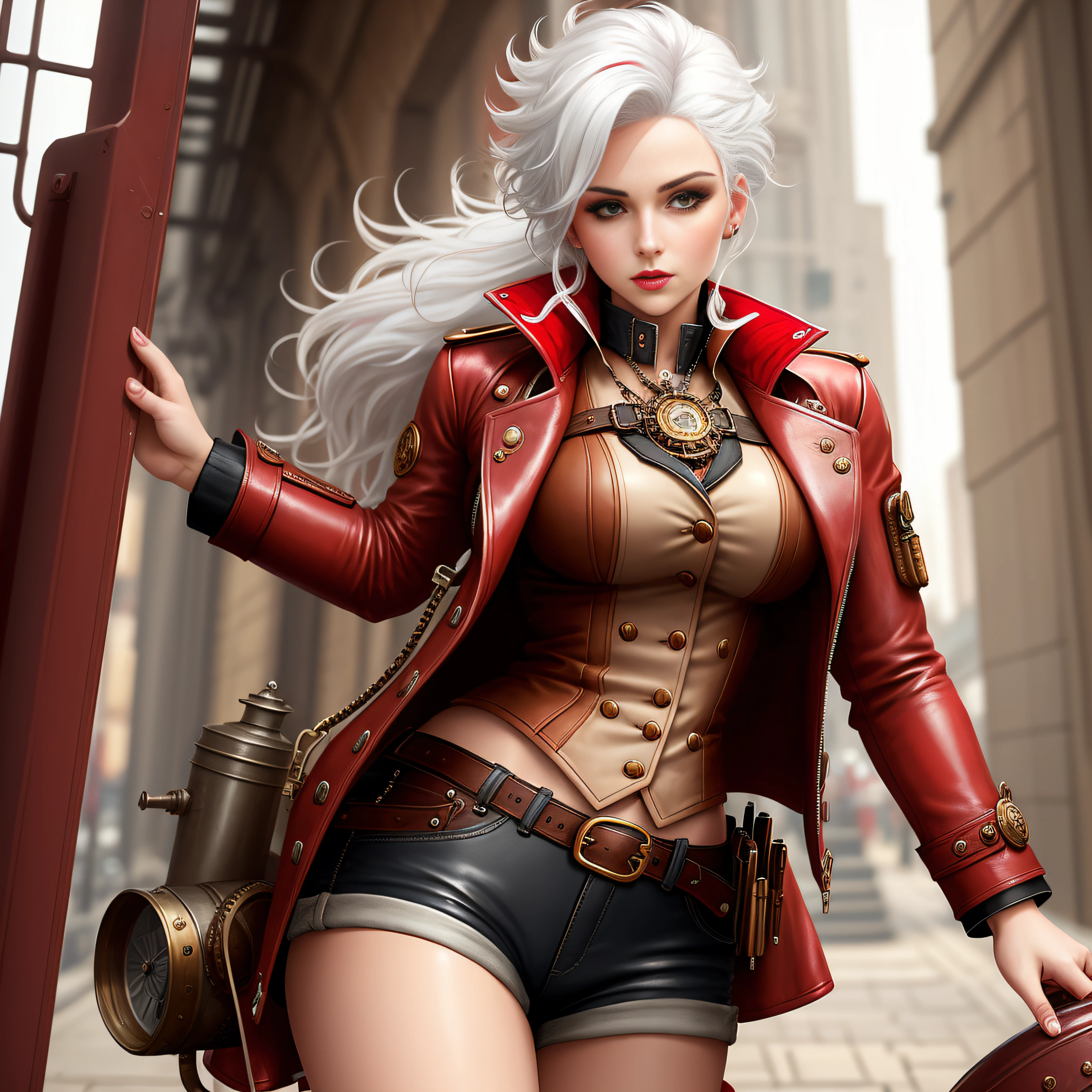 steampunk, sexy woman, red jacket, short pants, white hair