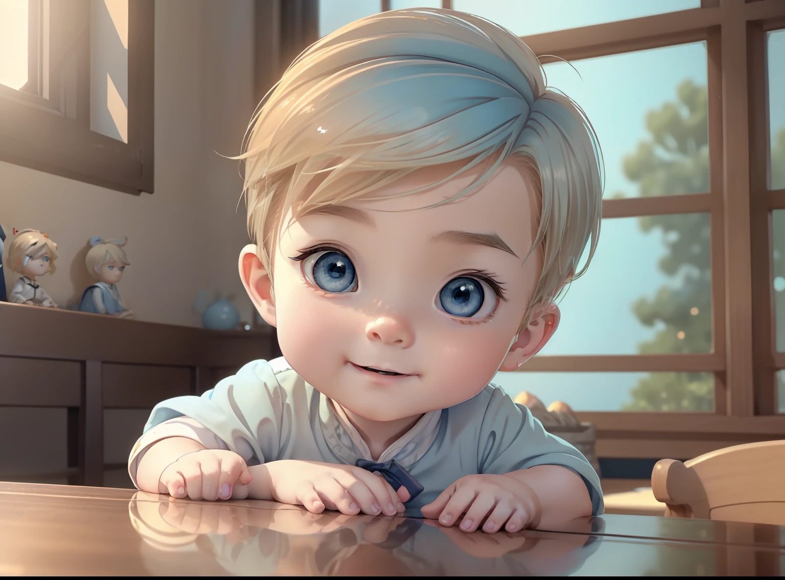 ​masterpiece, top-quality, 1other, ((male child)), Gamine, different color, finely eye and detailed face, intricate detailes, Wizarding World Costumes, Baby clothes, Inside the coffee shop, Playing with the chin on the table, A smile, Happiness, tenderness, youthfulness, high-level image quality、 Beautiful Boys、Short stature、window、𝓡𝓸𝓶𝓪𝓷𝓽𝓲𝓬、Englishman, k pop, Professional Photos, ((Vampires)), inspired by Sim Sa-jeong, androgynous vampire, :9 detailed face: 8, extra detailed face, detailed punk hair, ((Light blue eyes)) baggy eyes, Highly detailed, semi realistic anime, Vampires, hyperrealistic teen, delicate androgynous prince, imvu, short hair above the ears, Boy with a gentle smile, ((Little British boy with short blonde hair and light blue eyes)), ((1old-boy)), ((1人)), ((Baby Hands))