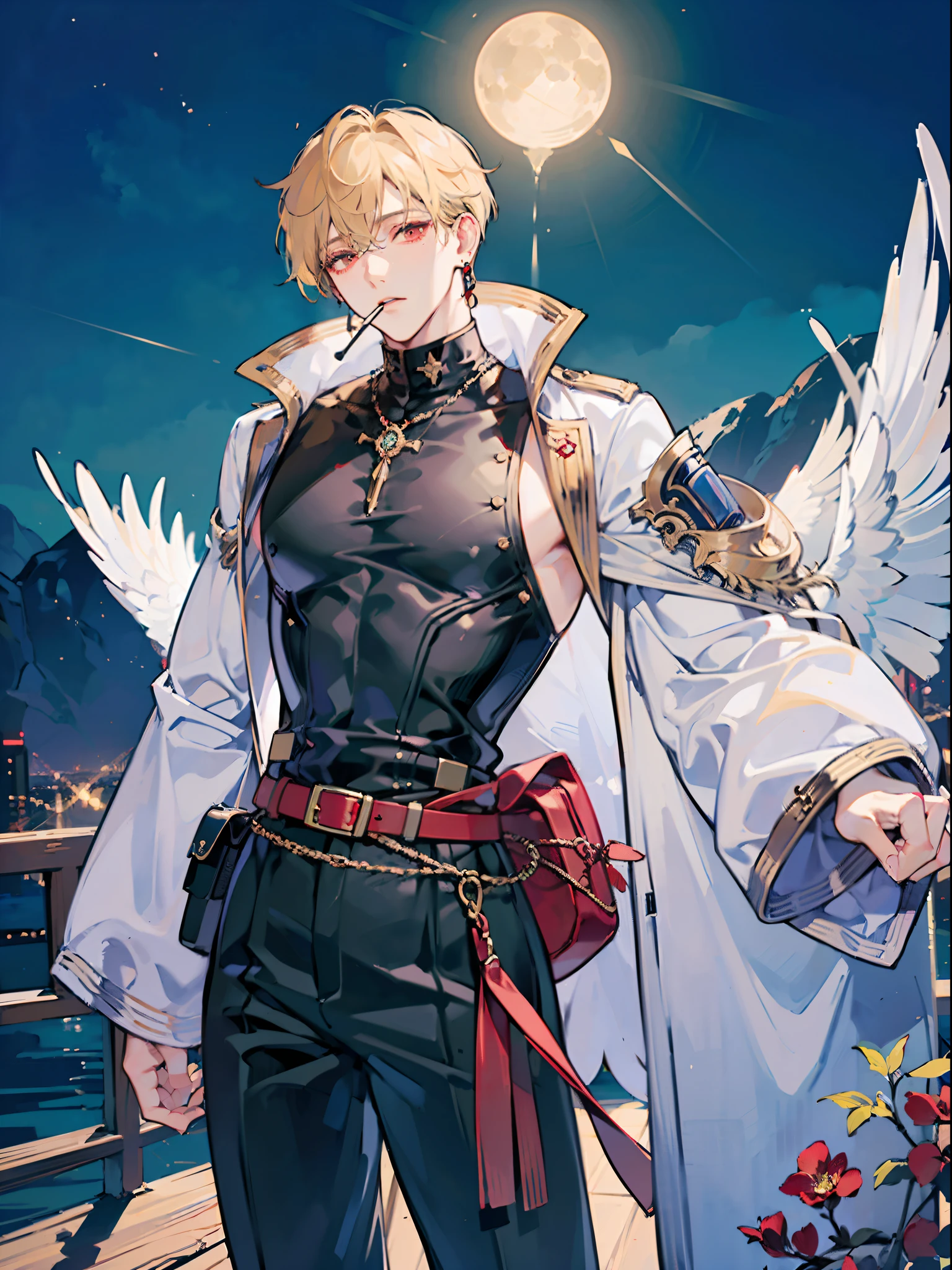 ((masutepiece: 1.4, Best Quality,Delicate)), Very short blonde hair、Red Eyes,(1Man Youth:1.3), Delicate hair, (Big black high-neck clothes hide the mouth:1.3),piercings, Night background