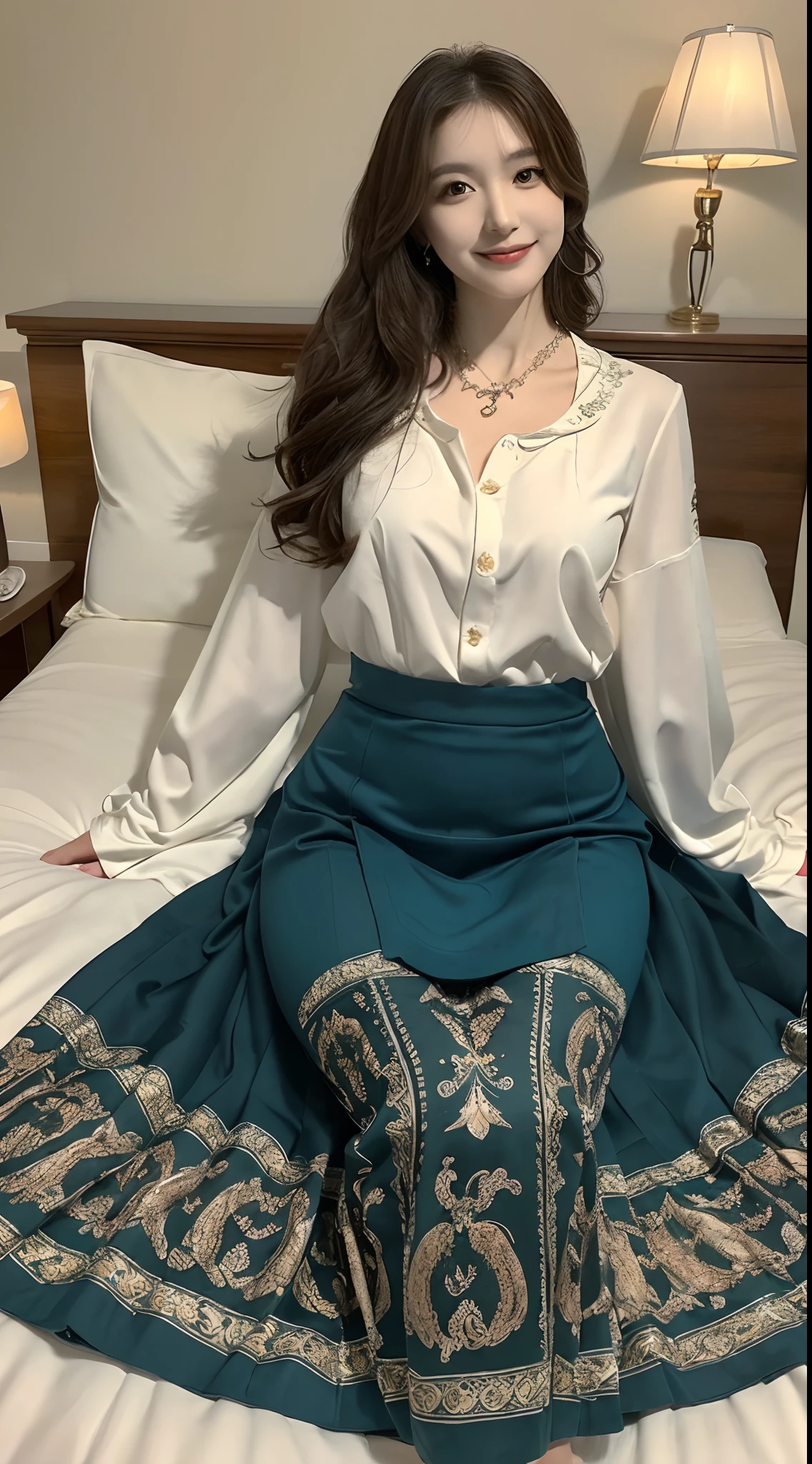 ((top-quality、8K、​masterpiece:1.3))、((1womanl))、((独奏))、((japanese mature))、((slim figure))、((Luxurious and detailed hotel rooms))、((Luxurious and detailed beds))、((Lying in bed))、((beautifully detailed hair))、((Beautiful and ultra-detailed face))、((kindly smile))、((Detailed blouse))、((Detailed necklace))、((Detailed long skirt))、((Flip up the hem of your long skirt to show your thighs))、((Beautiful and detailed thighs))、((Beautiful and detailed legs))