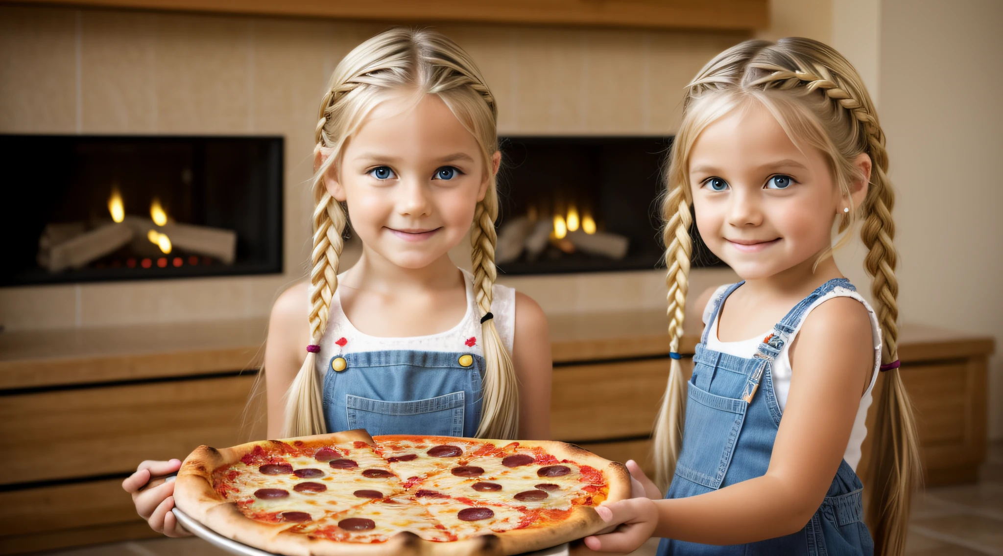Long blonde child girl hair braids , pizza.