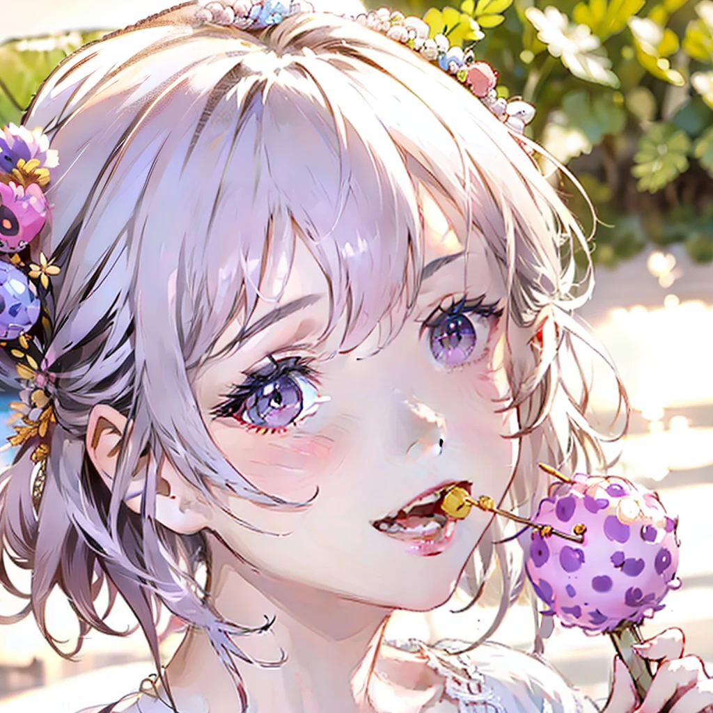 with short white hair,Purple eye,The mouth eats a lollipop,Melon seed face