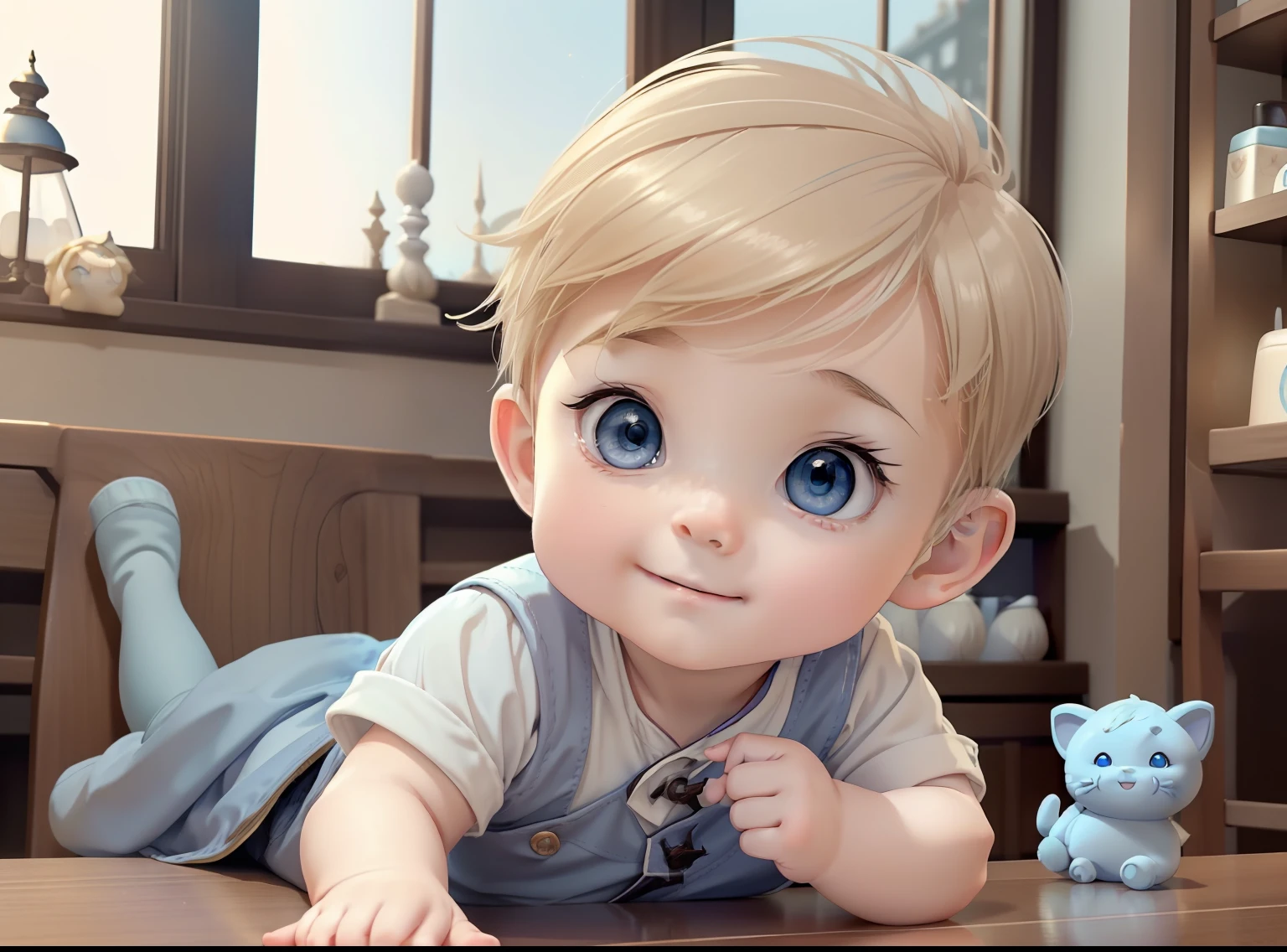 ​masterpiece, top-quality, 1other, ((male child)), Gamine, different color, finely eye and detailed face, intricate detailes, Wizarding World Costumes, Baby clothes, Inside the coffee shop, Playing with the chin on the table, A smile, Happiness, tenderness, youthfulness, high-level image quality、 Beautiful Boys、Short stature、window、𝓡𝓸𝓶𝓪𝓷𝓽𝓲𝓬、Englishman, k pop, Professional Photos, ((Vampires)), inspired by Sim Sa-jeong, androgynous vampire, :9 detailed face: 8, extra detailed face, detailed punk hair, ((Light blue eyes)) baggy eyes, Highly detailed, semi realistic anime, Vampires, hyperrealistic teen, delicate androgynous prince, imvu, short hair above the ears, Boy with a gentle smile, ((Little British boy with short blonde hair and light blue eyes)), ((1old-boy)), ((1人)), ((Baby Hands))