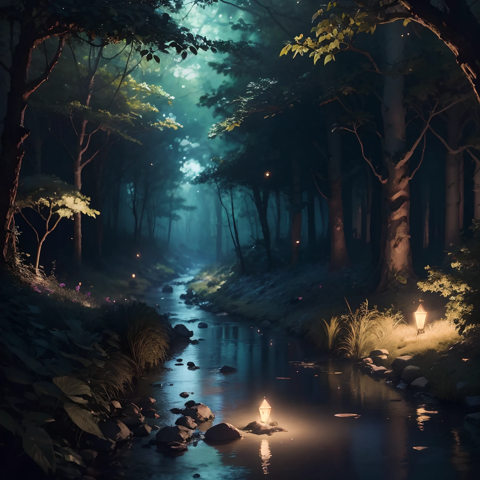 a picture taken from a video game of a forest with a stream of water, magical forest with fireflies, anime lush john 8k woods, glowing forest, magical forest, magical forest backround, magical environment, firefly forest at night, fireflies flying in the forest, magical fantasy forest, in magical woods, in magical woods, glowing lights! Digital Painting