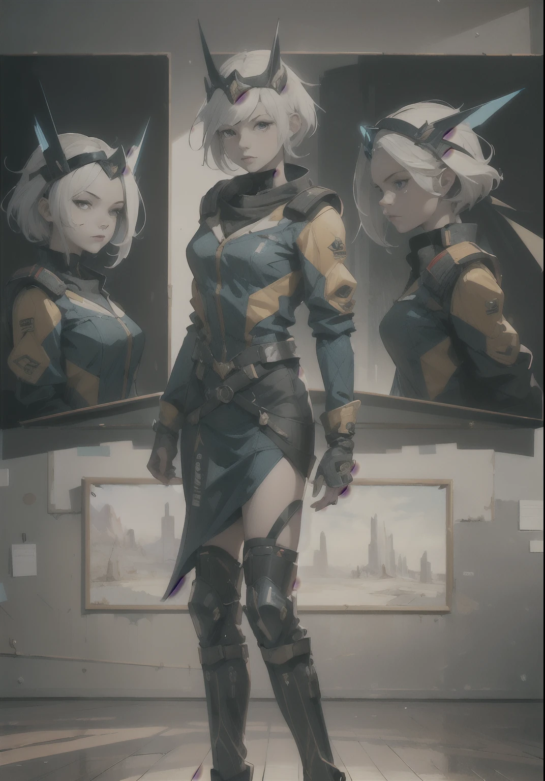 A short-haired woman dressed in a sci-fi style military uniform, wearing a metal headpiece, with a cold and expressionless gaze, The design is primarily white, with blue and yellow as accent colors, This is a future sci-fi military officer design in the style of Japanese anime, with detailed character design and a mature artistic style, ((character concept art)), full body character drawing, high definition, best quality, ultra-detailed, extremely delicate, anatomically correct, symmetrical face, extremely detailed eyes and face, high quality eyes, RAW photo, UHD, 8k, professional lighting, soft lighting, (masterpiece:2)