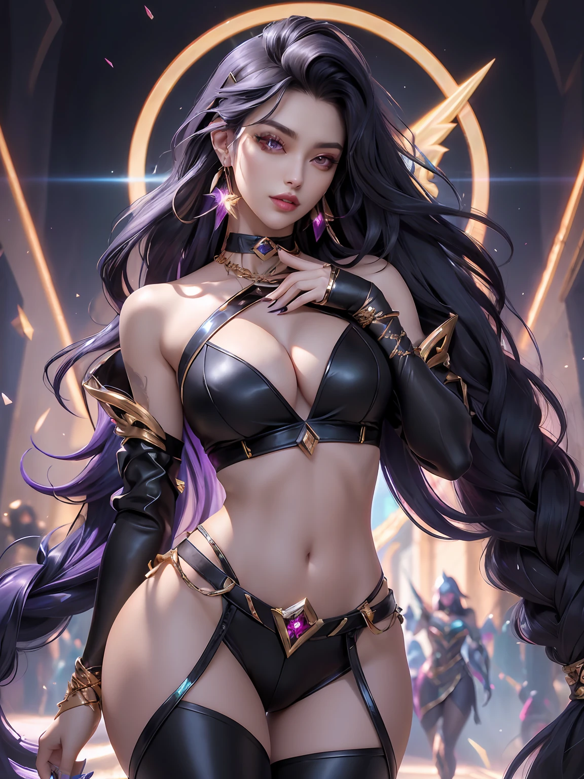 high detal, 8K, A high resolution, 1girll, jewelry, Earrings, Makeup, eyeslashes, Earrings, 鎖骨, Collar, looking at viewert, (Large breasts, Thick thighs, thigh slit, Wide hips, Toned body),, Ulzzang-6500, ultra realistic 8k cg, Unbeatable masterpiece, Absurd, extraordinary, Amazing, Exquisite, sensational, Perfect art, perfect women figure, Perfect anatomy, Unique, Sexy, Very long hair, Blonde, multicolored hair, Large breasts, Aesthetic, Spectacular, splendid, masterful, Grand, Surprising, Stunning, Magnificent, elegant, Graceful, luxury goods, jewelry, Pedras preciosas, Brilliant, Beautiful, Beautiful, Charismatic, Charming, Seductive, Erotic, Seductive, Gothic, fantasy, Divine, Clean, Rich, prestige, Fantastic, supreme, apex, Supreme, Goddess, Lace, Lace trim, Delicate pattern, Shiny skin, gold, royal, queen, Supernatural, phenomenal, fabulous, Wonderful, astounding, Fantastic, ((NSFW, breasts out,, Thick thighs, Wide hips, Toned body),, high detal, 8K, A high resolution, (K/Up to the all-out Kaiser), League of Legends, K/Da \(League of Legends\), 1girll, Black hair, multicolored hair, Long hair, Very long hair, pony tails, Long ponytail, striated hair, Green hair, two tone color hair, Purple eyes, Lips, jewelry, Earrings, Makeup, Bare shoulders, Crop top, Black crop top, 鎖骨, Collar, Shiny clothes, Highlight the sleeves, crystals, midriff, looking at viewert, (Big breasts, Thick thighs, Wide hips, Toned body, ) RozalinD2, 1girll, Huge sky blue driveway box, golden hair accessory, Black tights are exposed, décolleté, Perfectcomposition, Perfect outreach)), Sexy, Attractive, ((Best quality)), ((Masterpiece)), (Detailed: 1.4), submissive, super thick, Small waist, sixpack abs, Ripped, coalescence, Slave collar, Makeup, lipstick, Blush, Exotic, Asia and Spain,Mid-range vision,ride horse