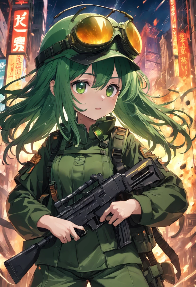 Super machine gun pea,Dark green hair,helmet on,protective goggles,Full fire