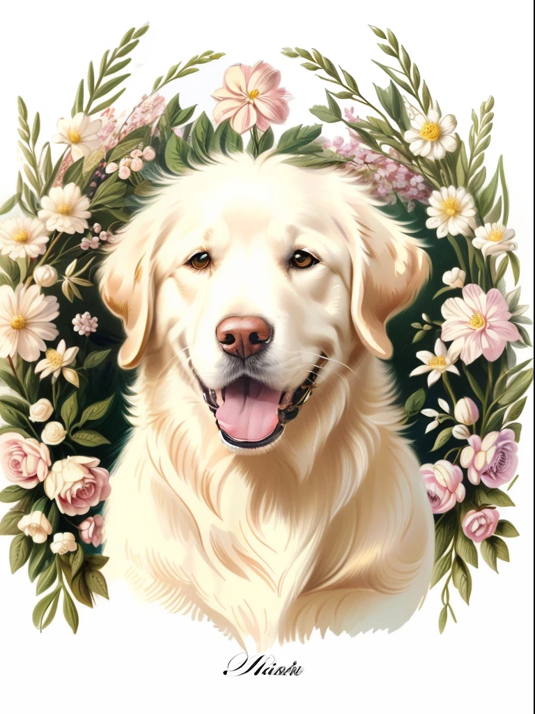(top-quality:1.2)、(detaileds:1.2)、(masterpiece:1.2)、High resolution white golden retriever with a flower crown by John Edwards(1770 1775)Vintage dog illustration、Illustration of vintage plants、Antique background