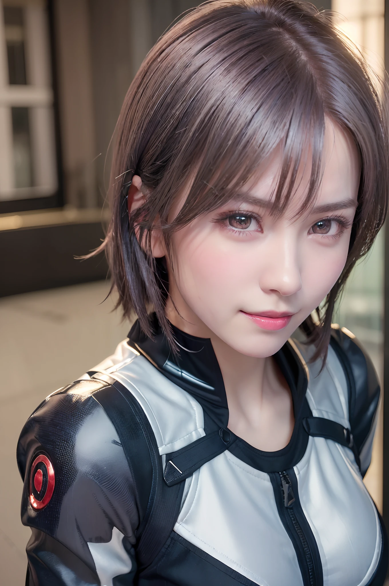 (8k, photorealistic, RAW photo, top quality: 1.4), (1girl), super beautiful, (realistic face), (boyish, silver-colored berry short hair), beautiful cyberpunk suit, glares seducing viewer, beautiful expression, beautiful breasts, (realistic skin), beautiful smile, (soldier), attractive, ultra high resolution, ultra realistic, high definition, spoiled