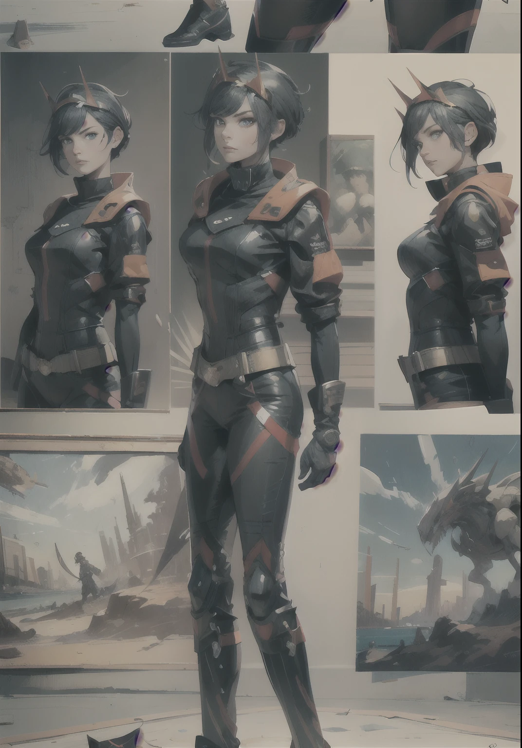 A short-haired woman dressed in a sci-fi style military uniform, wearing a metal headpiece, with a cold and expressionless gaze, The design is primarily white, with blue and yellow as accent colors, This is a future sci-fi military officer design in the style of Japanese anime, with detailed character design and a mature artistic style, ((character concept art)), full body character drawing, high definition, best quality, ultra-detailed, extremely delicate, anatomically correct, symmetrical face, extremely detailed eyes and face, high quality eyes, RAW photo, UHD, 8k, professional lighting, soft lighting, (masterpiece:2)