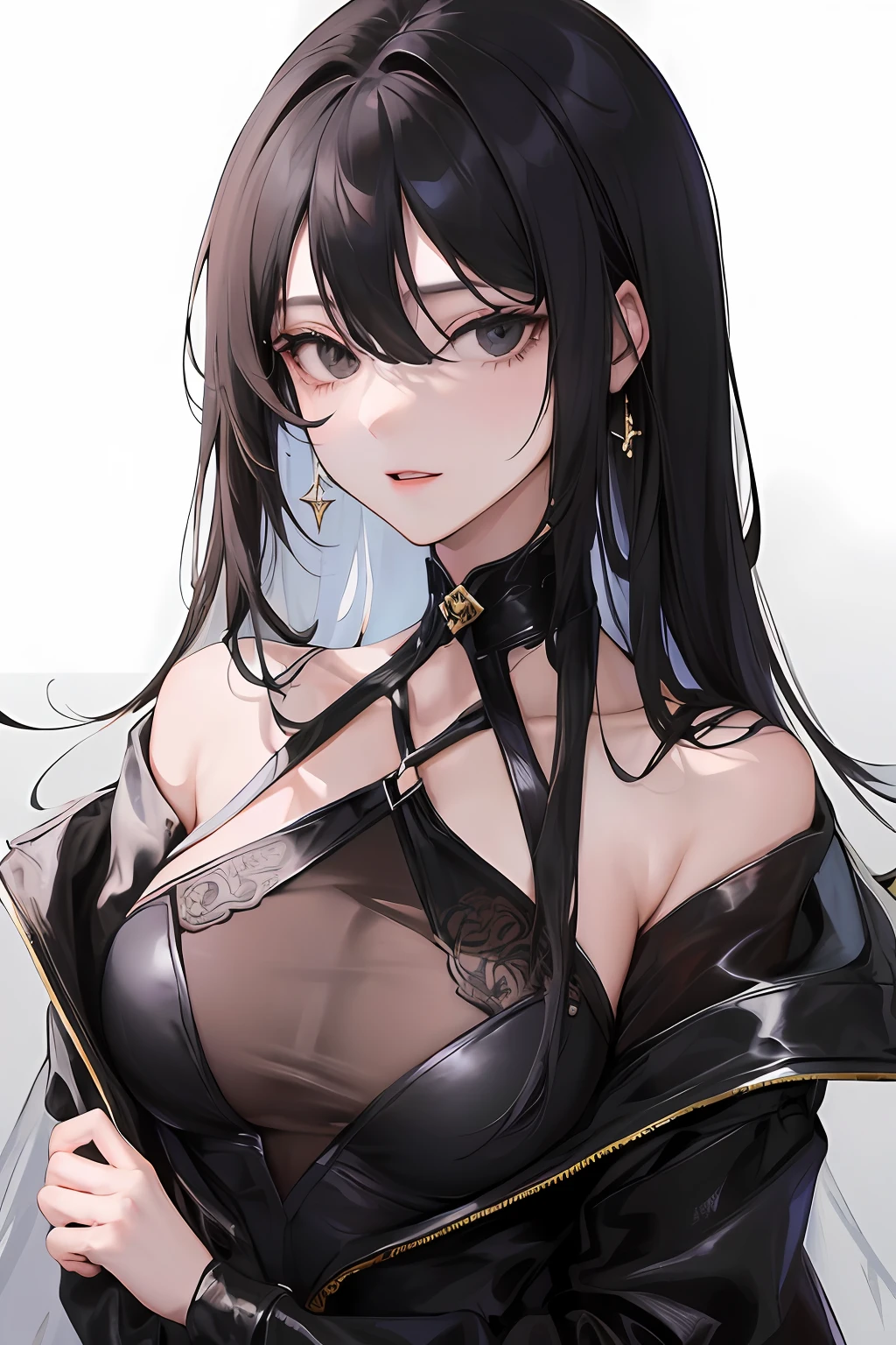 (Top resolution、distinct_image)top-quality、Women's masterpieces、ighly detailed、Semi-realistic、(Most of the body)、long hair of black color、bangss、18year old、年轻、Black fitting、Black dress、Stand Collar Shirt、Sharp face、(Black eyes、hair between eye)、(Plain white background)、A slight smil(standing painting)、(Exquisite facial features、Exquisite facial features)