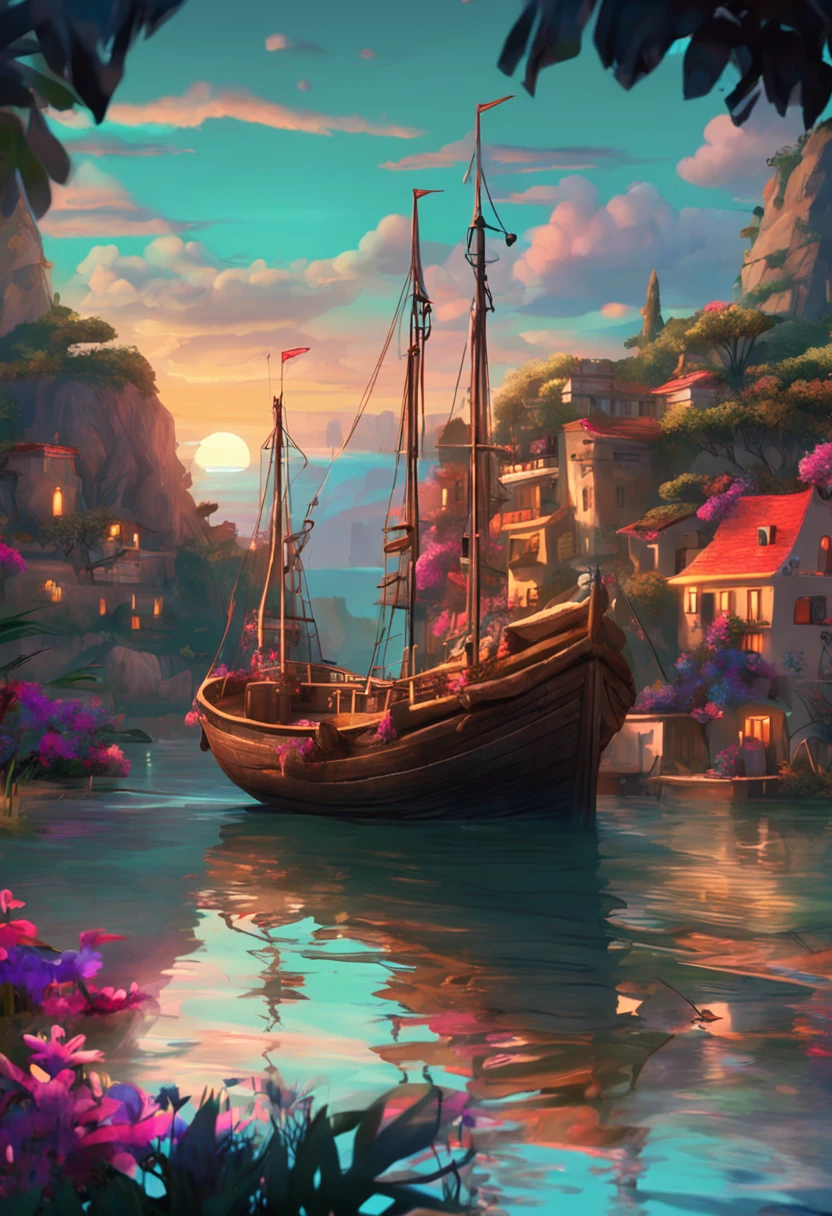 havia um pequeno barco a remo, on the coast of this magical island. Havia uma , Pintura SNES