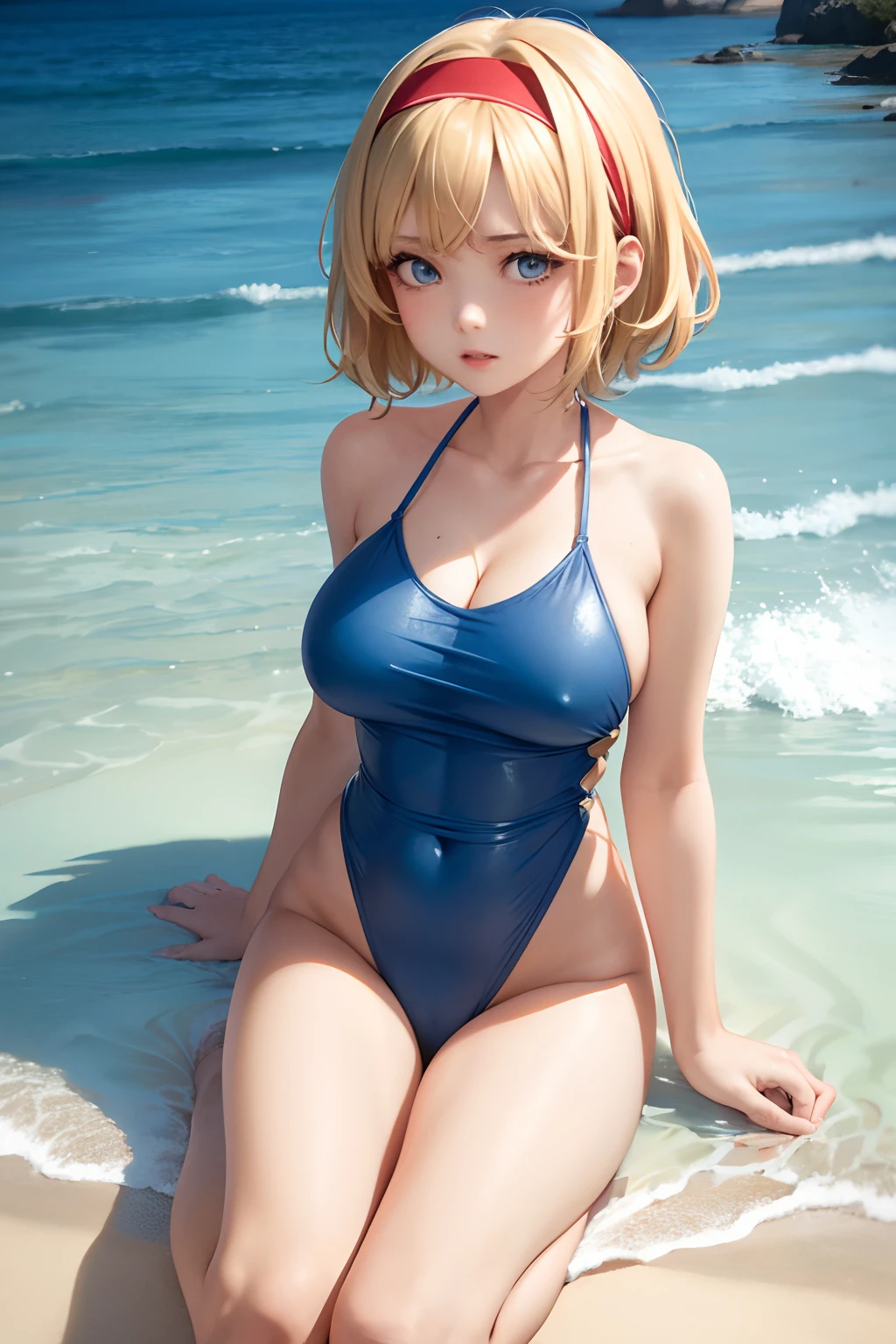 masterpiece, top-quality, 1girl in、Alice Margatroyd, Blonde medium hair(I'm wearing a red headband...),Blue eyes,Sea and sandy beach background、Colossal tits、A slender、Blue ruffled swimsuit、full body seen