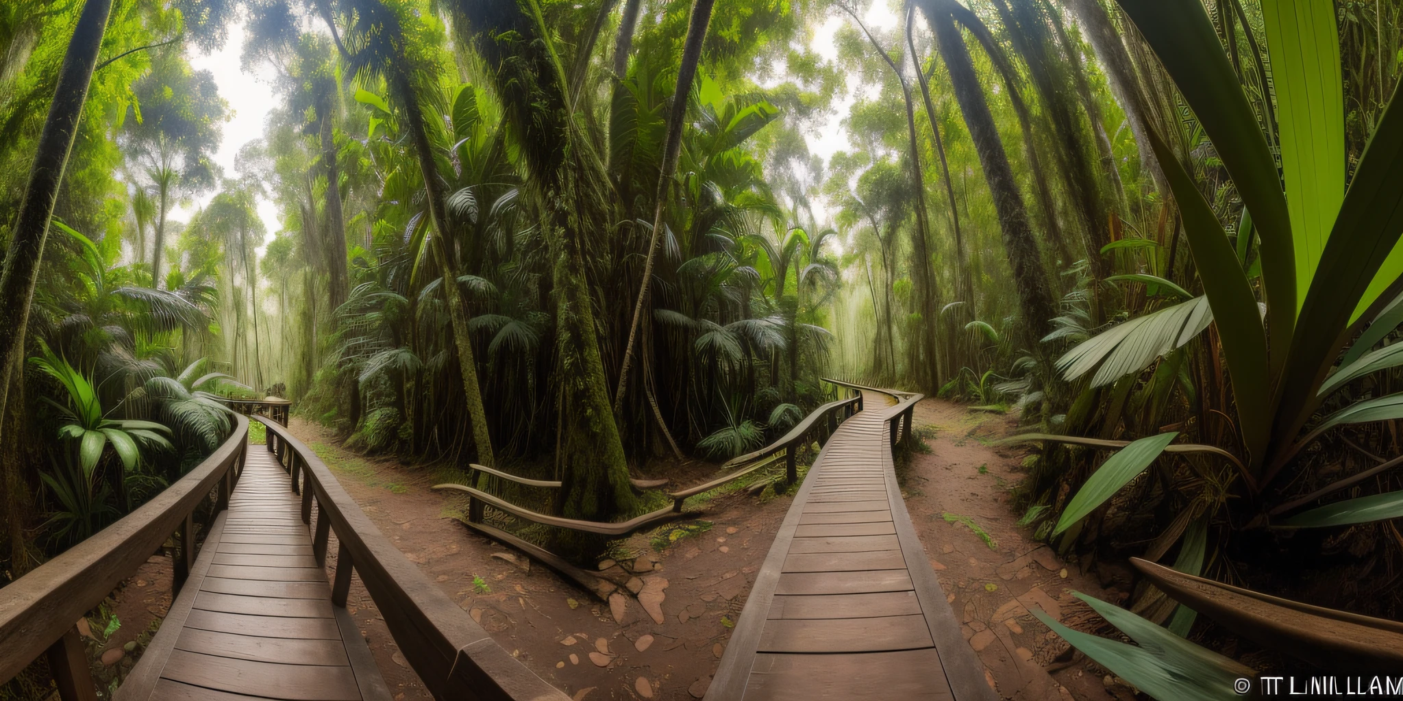 360° VR panorama image, sides (right and left) of the image stitched perfectly without division, Native wilderness trail in the Amazon forest, with several bromeliads, with tree trunks, with orchids, with a small river next to the trail, ultra detailed , realistic , photographer Tim Laman style.