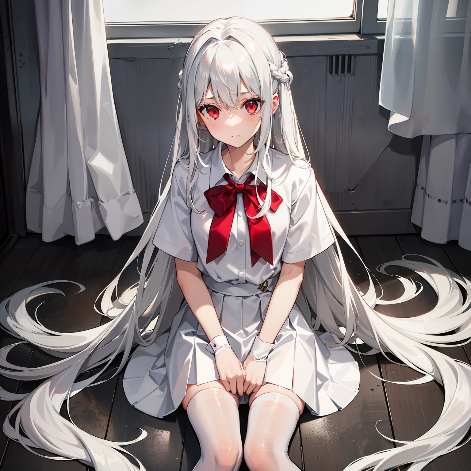 silver-white long hair，Broken hair curtain，Crystal red eyes，Off-white short-sleeved school uniform，a skirt，expressiveless，apathy，Sit in the infirmary，Wearing white stockings