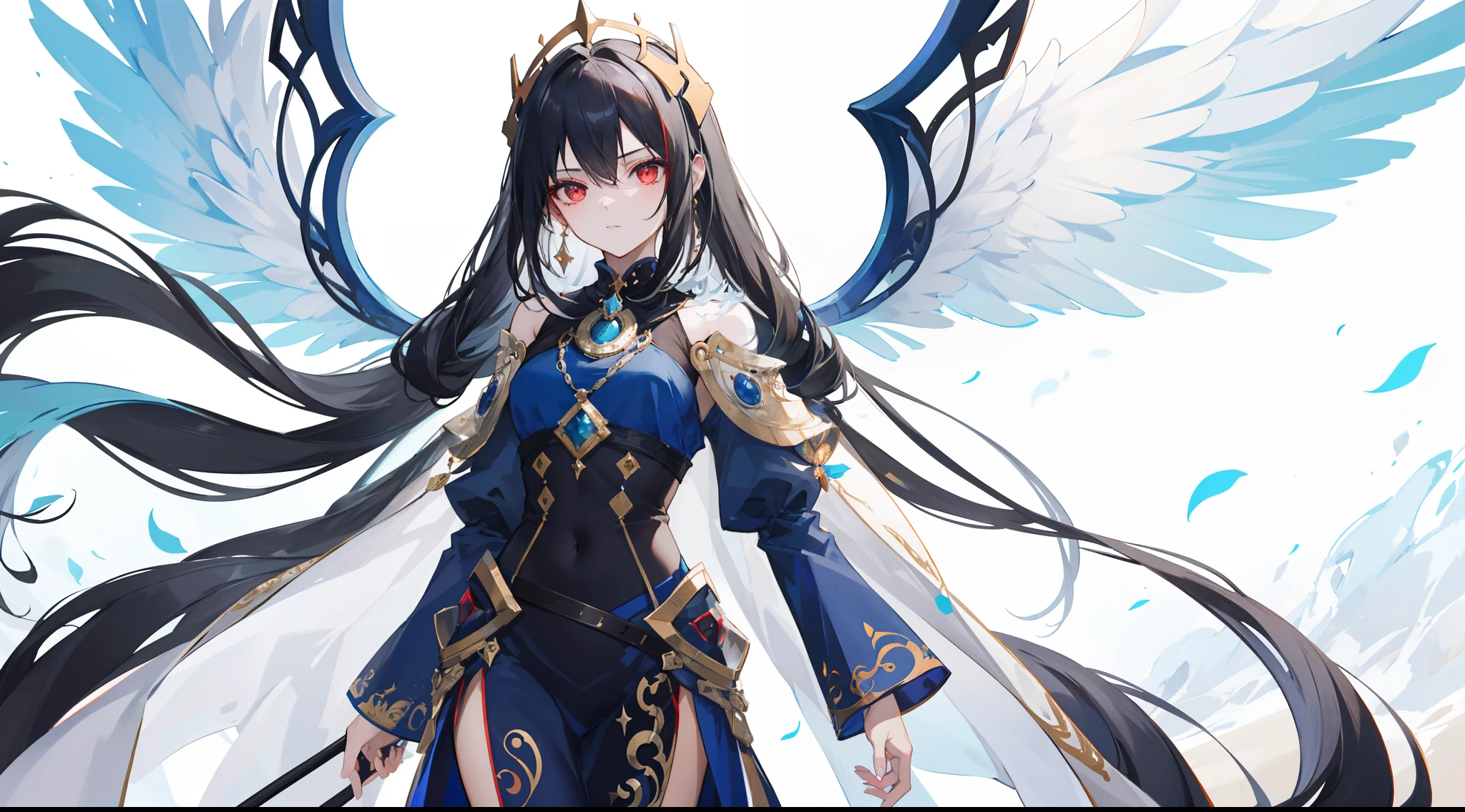 "Generate an image portraying Viona true form with black hair and sharp red eyes, concealed beneath a thick armor of radiant light, adorned with majestic wings. Depict her standing regally, her visage obscured by the brilliance of her divine attire. Convey the sense of awe and reverence that her celestial presence commands, as she stands as the epitome of otherworldly power and enigma."